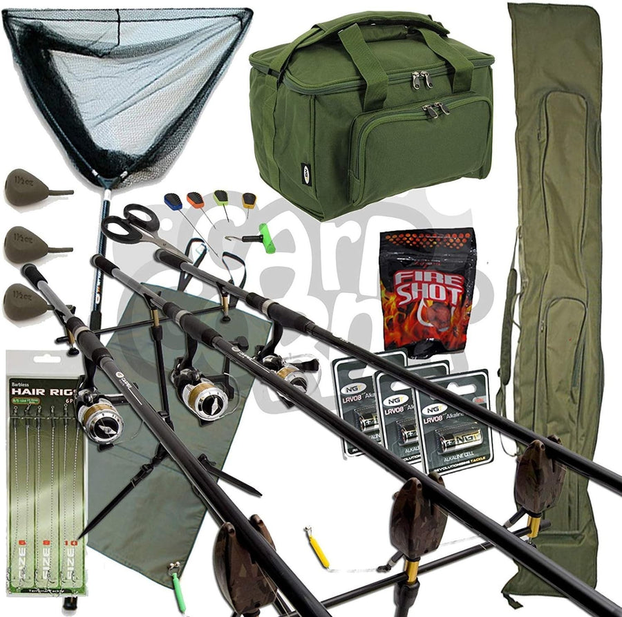12FT Carp Fishing 3 Rod Reel Pod Net Mat Tackle Full Set