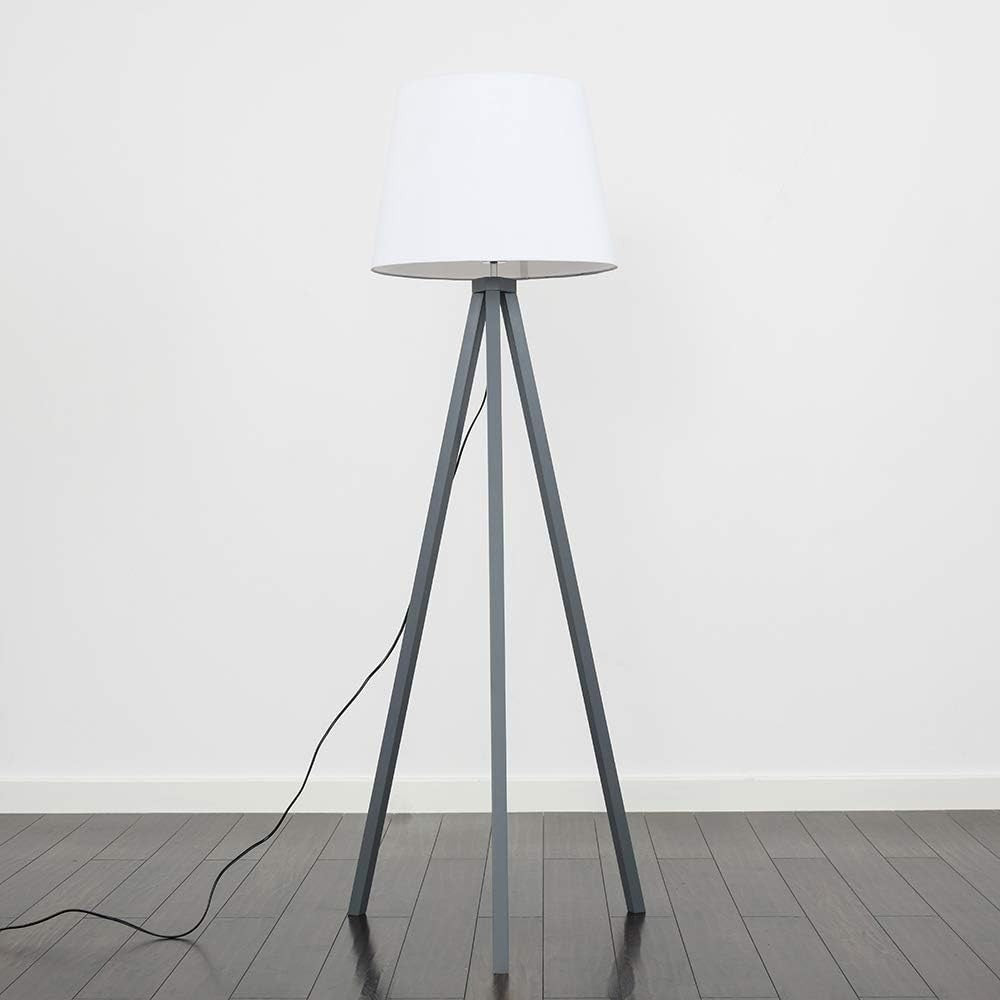 Grey Wooden Tripod Floor Lamp White Tapered Shade Living Room Light