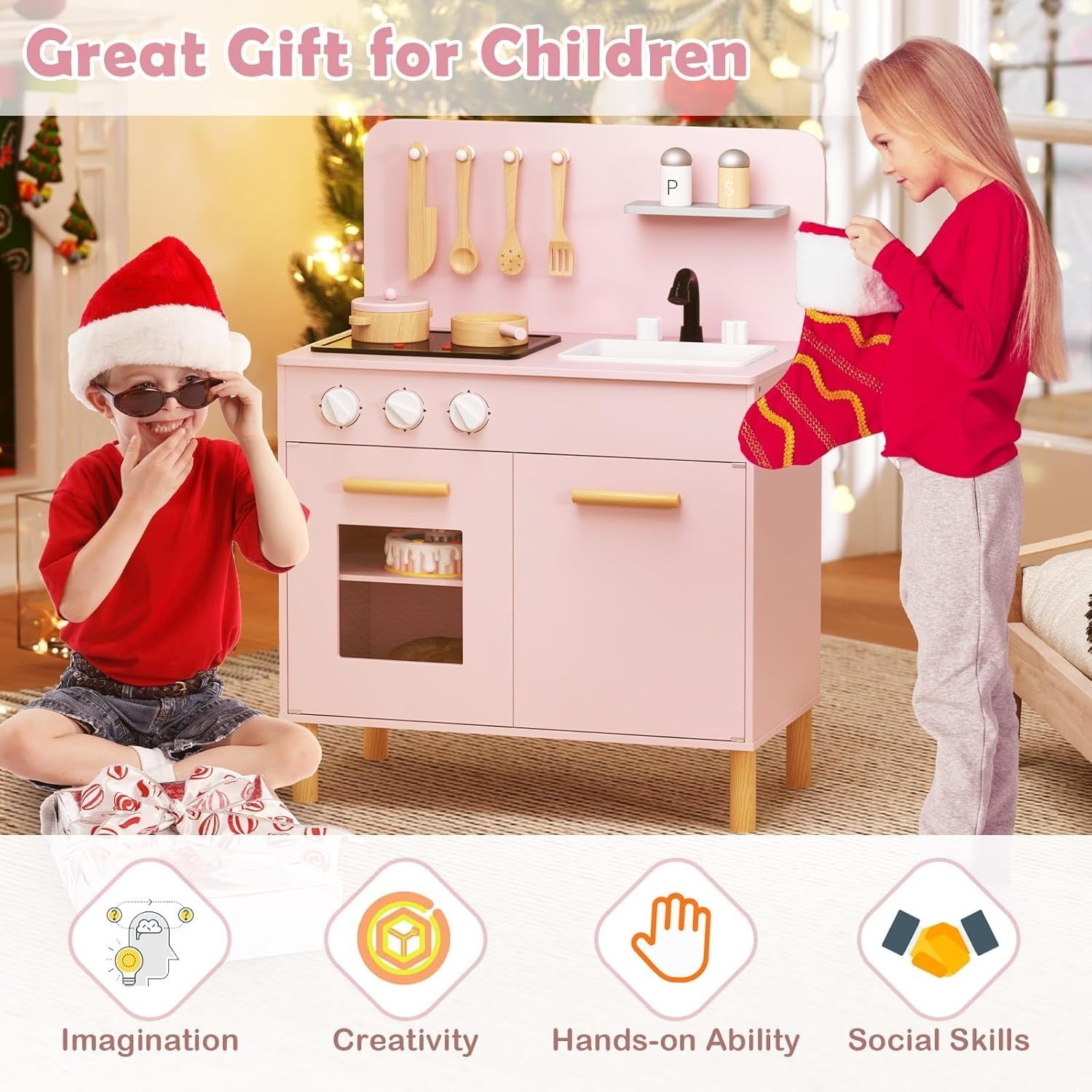 Wooden Kids Play Kitchen Pink w/ Lights Sounds Oven Accessories