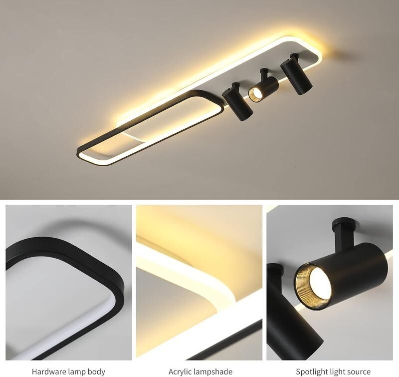 Modern LED Ceiling Light 3-Way Track Spotlight Dimmable 55W Black Fixture