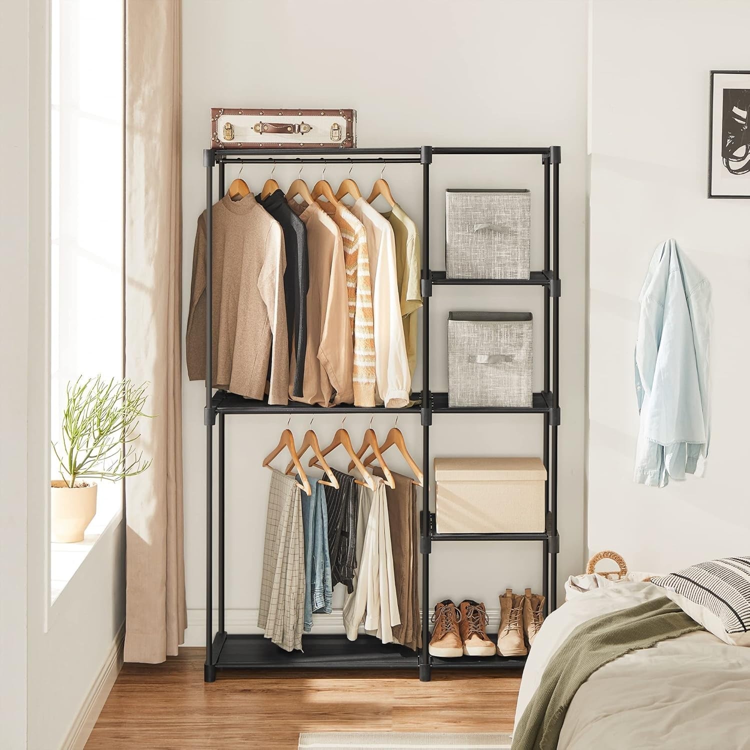 Freestanding Wardrobe with Shelves & Rails – Black 165cm