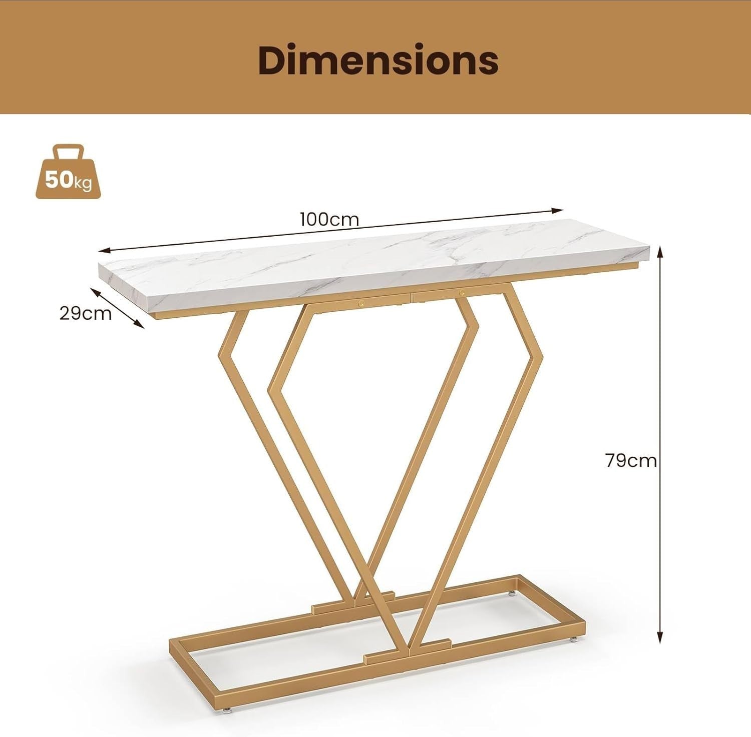 Narrow Console Table 100cm Marble Top with Gold Geometric Frame - Slim