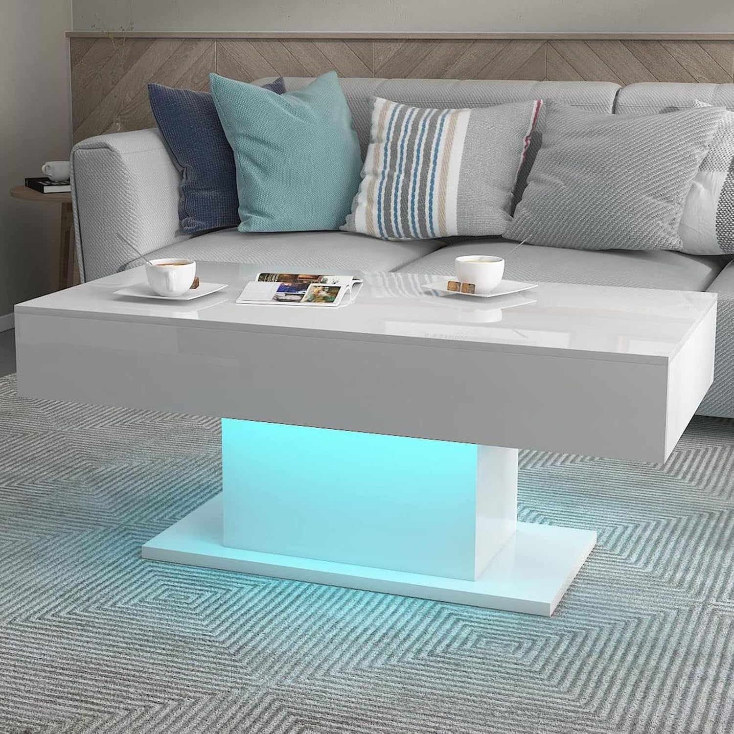 Modern White LED Coffee Table, High Gloss Rectangular 110x55cm