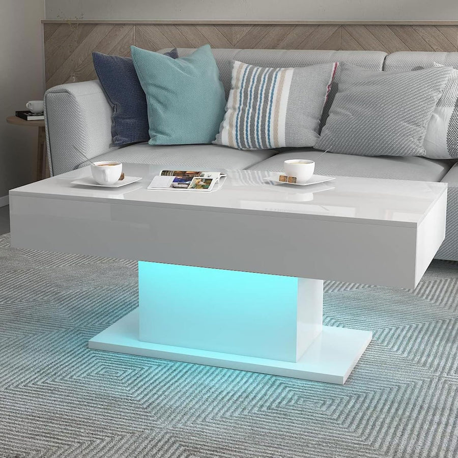 Modern White LED Coffee Table, High Gloss Rectangular 110x55cm