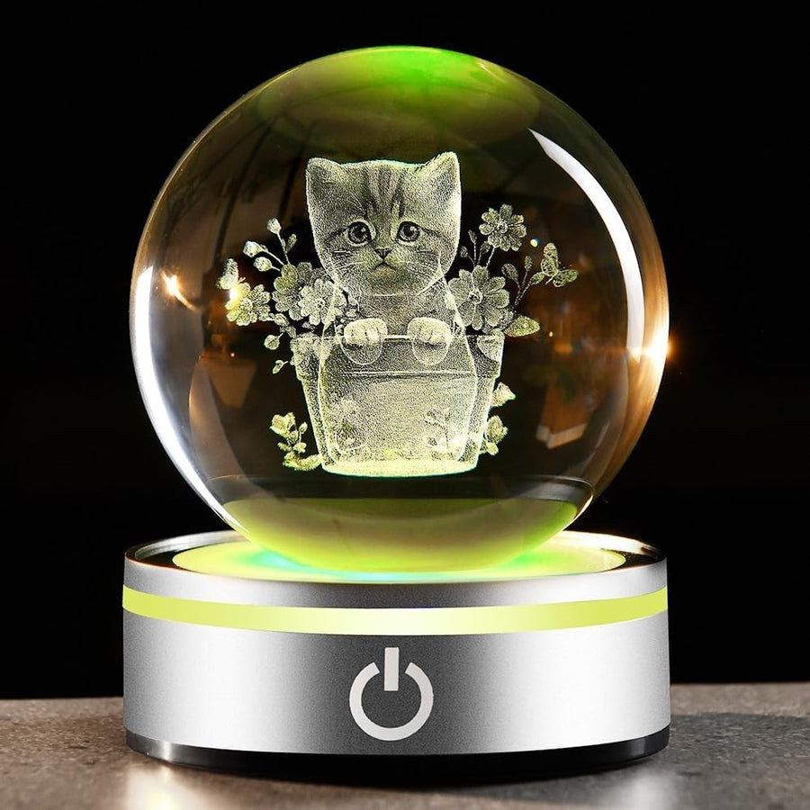 3D Cat with Flower Crystal Ball LED Light • Engraved Kitten Ornament