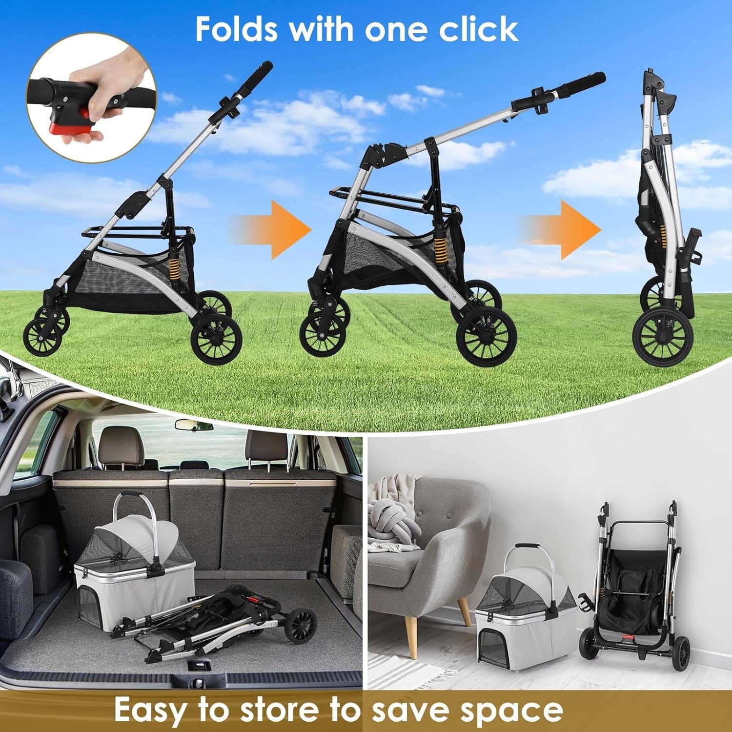 3 in 1 Dog Stroller Folding Pet Pram 360 Wheels Travel Carrier Storage Grey