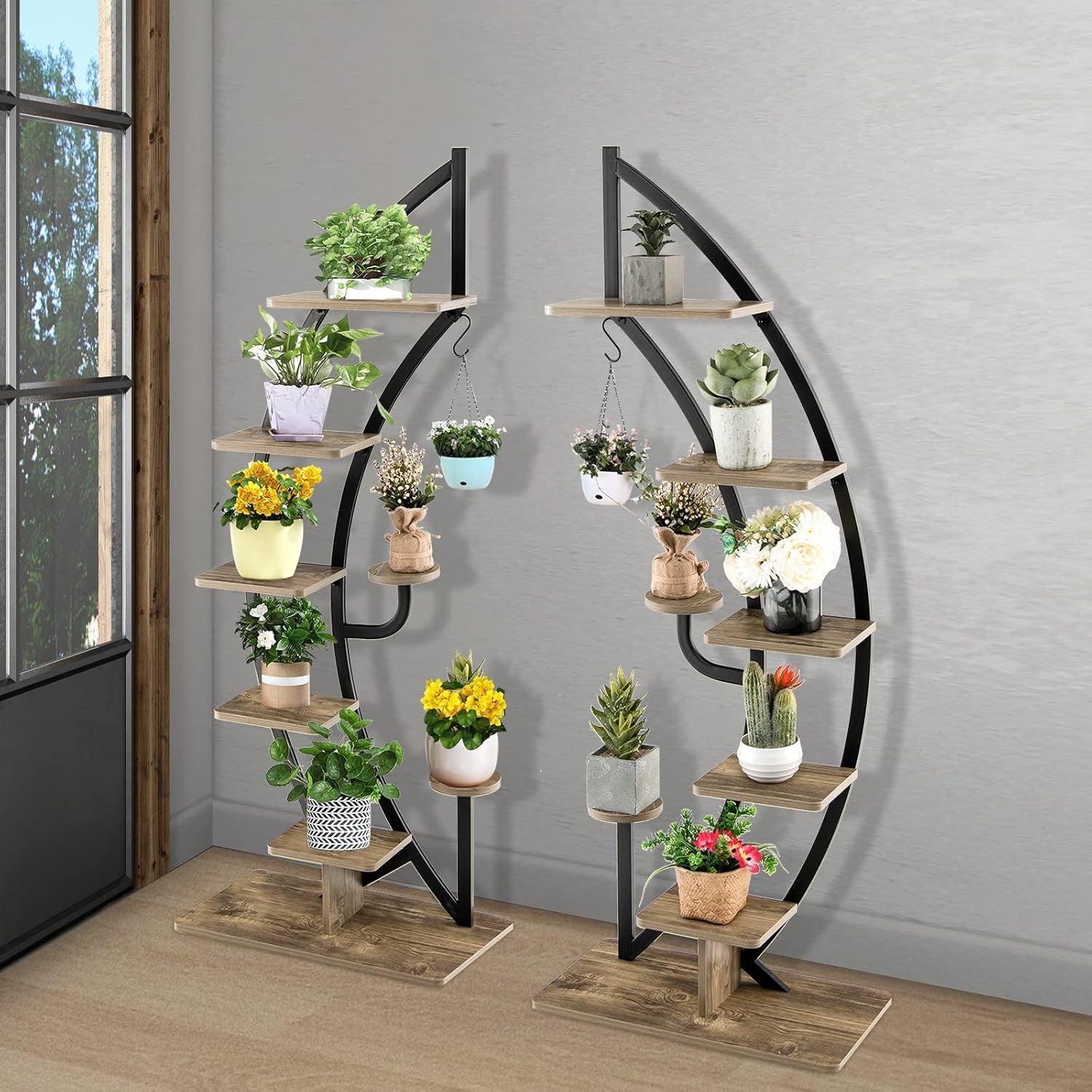 2PC 8 Tier Metal Plant Stand Curved Half Moon Ladder Shelf Indoor Outdoor Rack