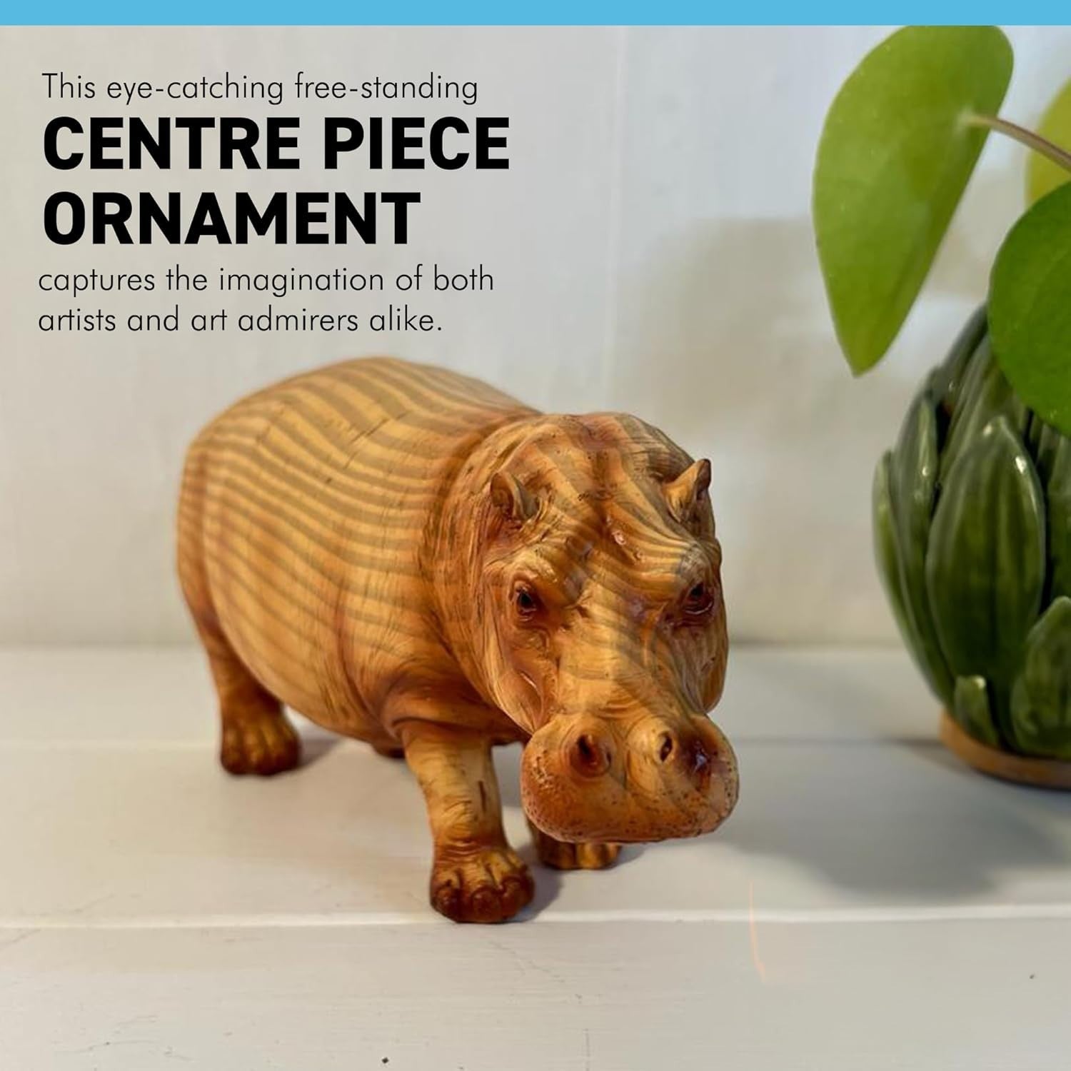 Wood-Effect Hippo Ornament | Rustic Resin Wildlife Sculpture | Animal Lover Gift