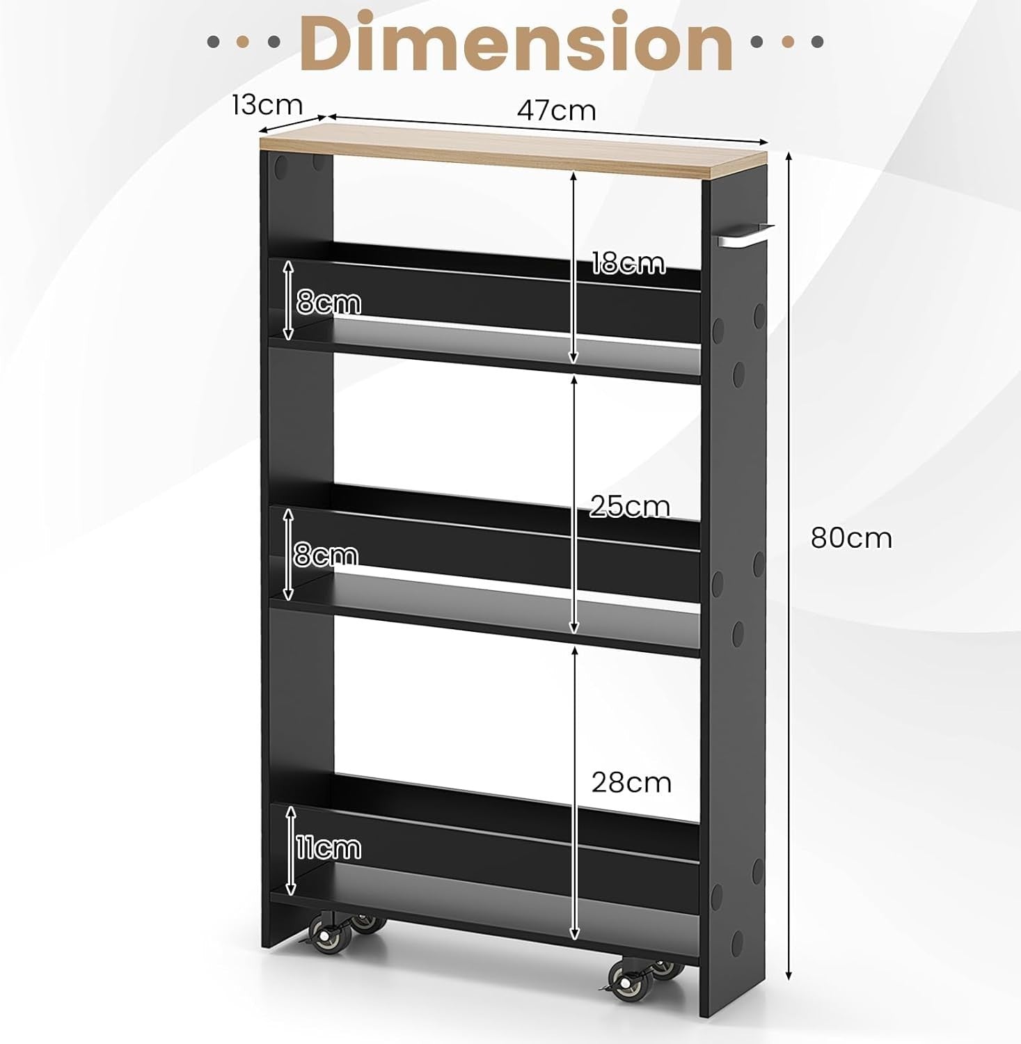 Slim 4 Tier Rolling Storage Cart Narrow Utility Trolley Black Natural