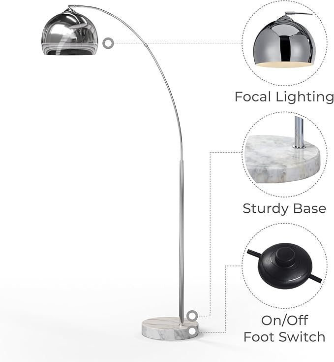 Arc Floor Lamp Chrome Marble Base LED Curved Standing Light 170cm