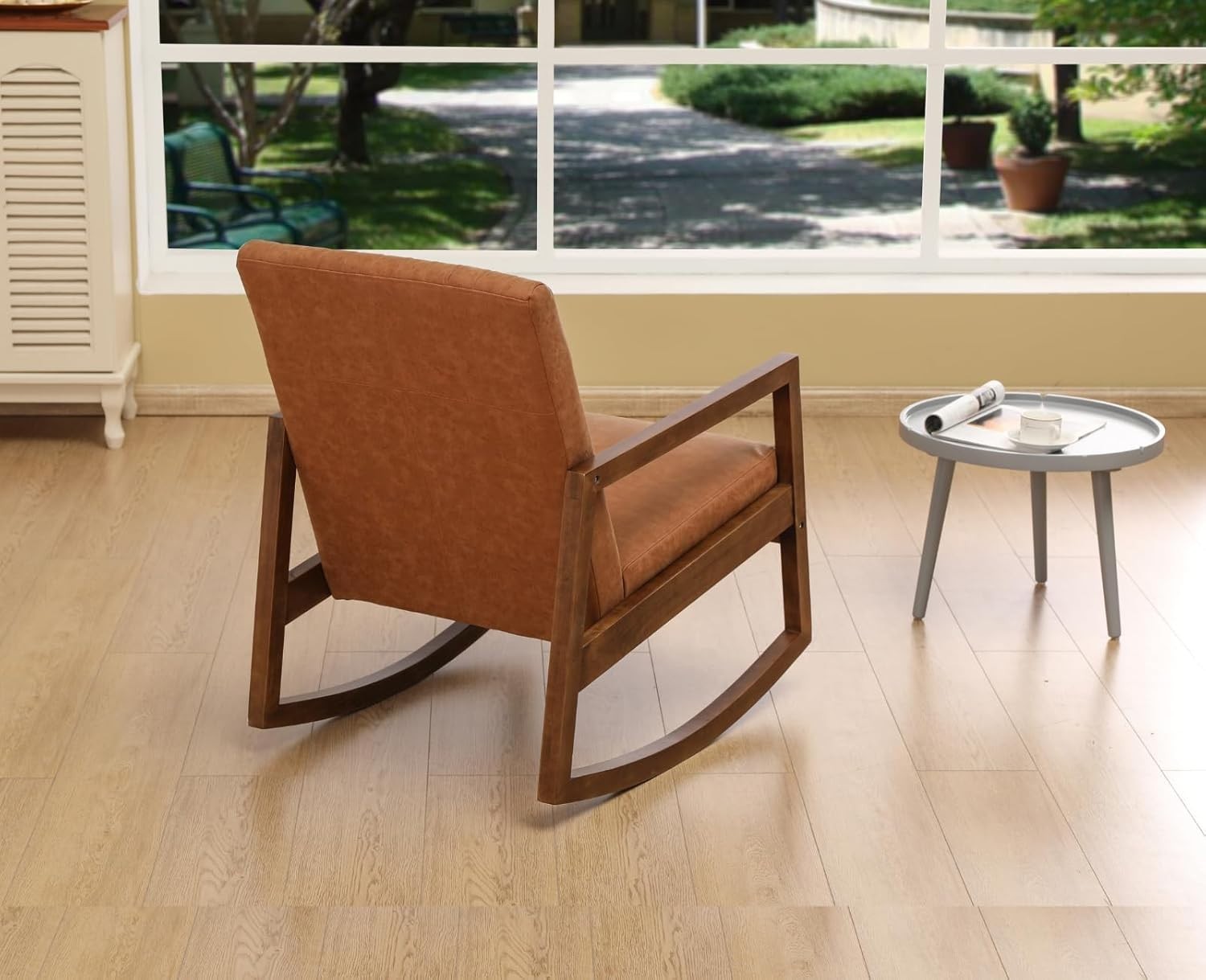 Cozy PU Leather Rocking Chair with Wood Frame, Quilted Backrest
