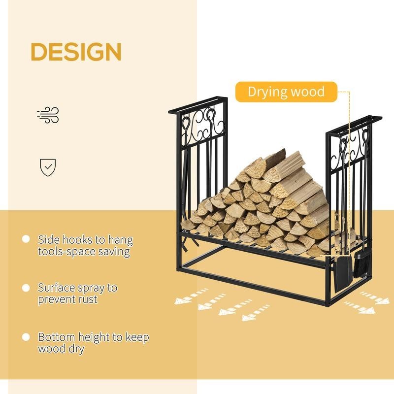Steel Firewood Rack with Tools – Indoor/Outdoor Log Storage Stand