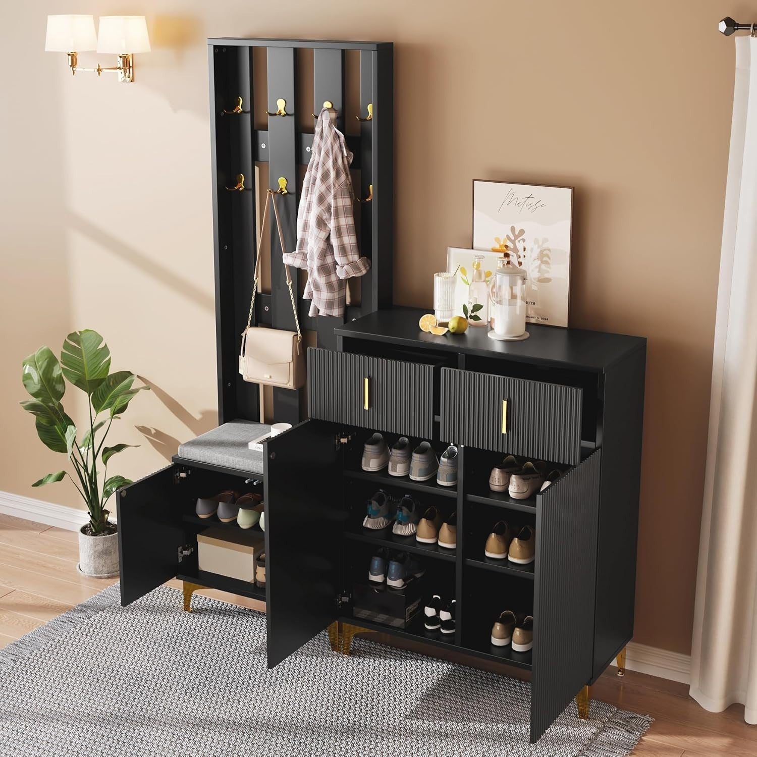 Modern Hallway Coat Rack & Shoe Storage Bench with Cushioned Seat – Black