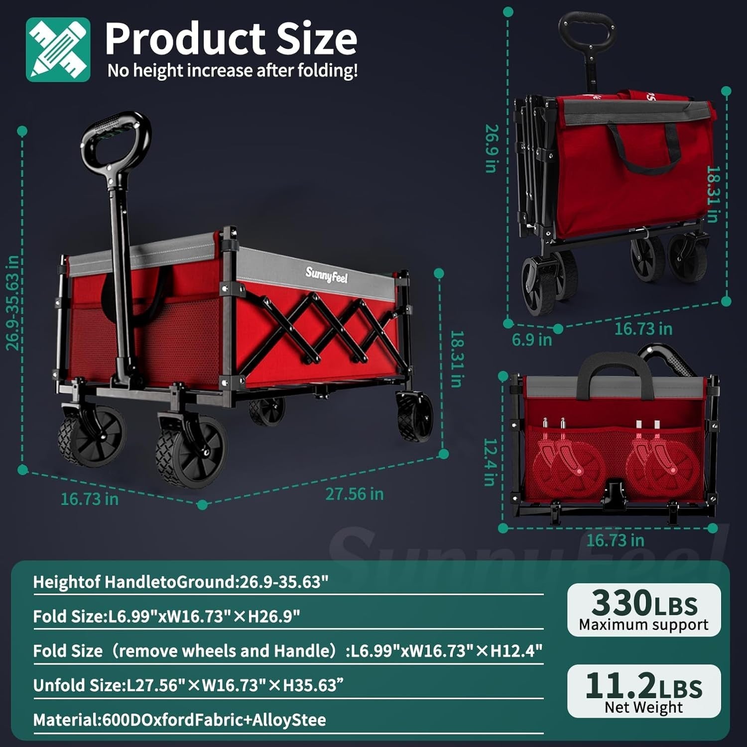 Heavy Duty Collapsible Wagon Cart 110L 330lb Load All Terrain Wheels Red