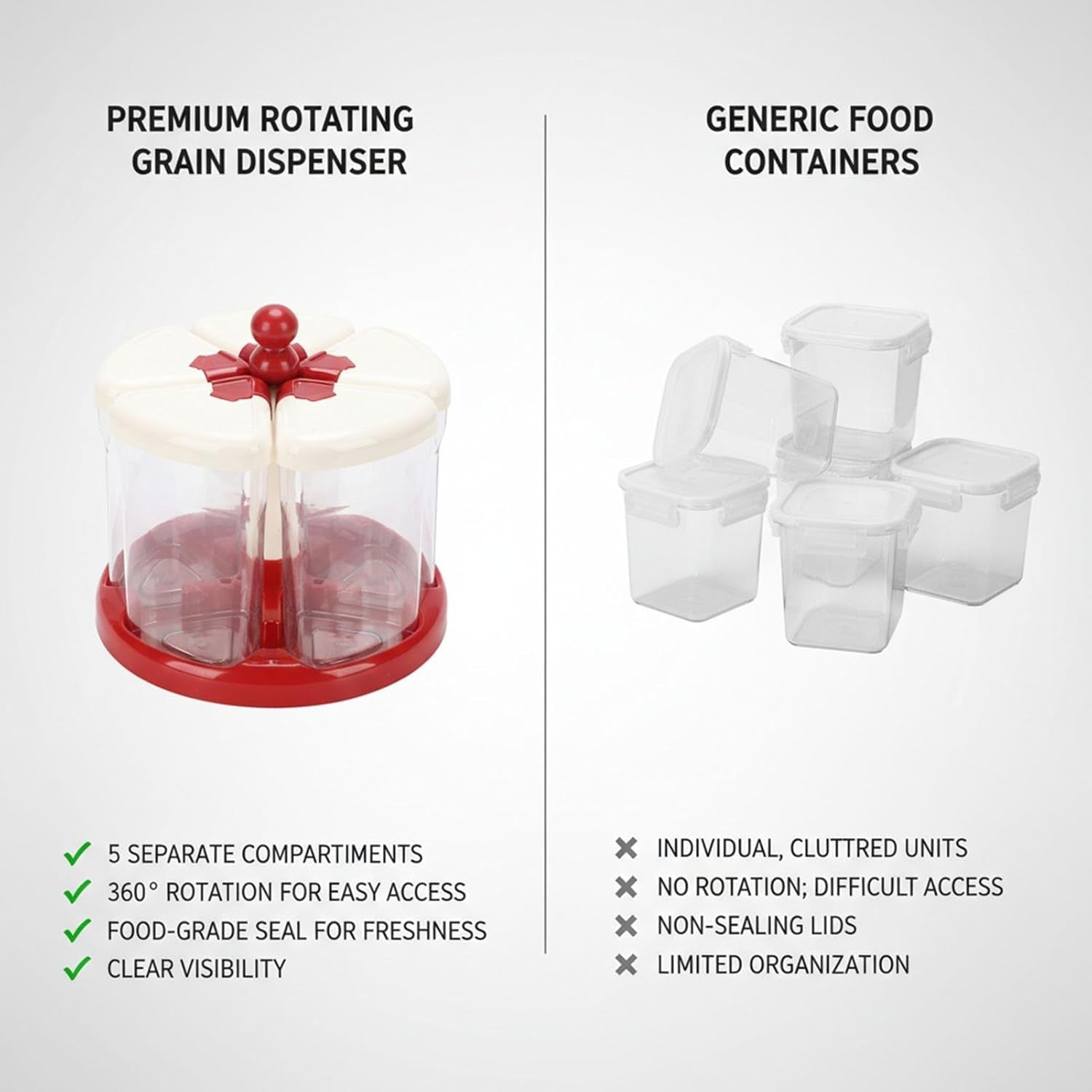 5 Grid Rotating Rice Dispenser Airtight Grain Storage Container Bin