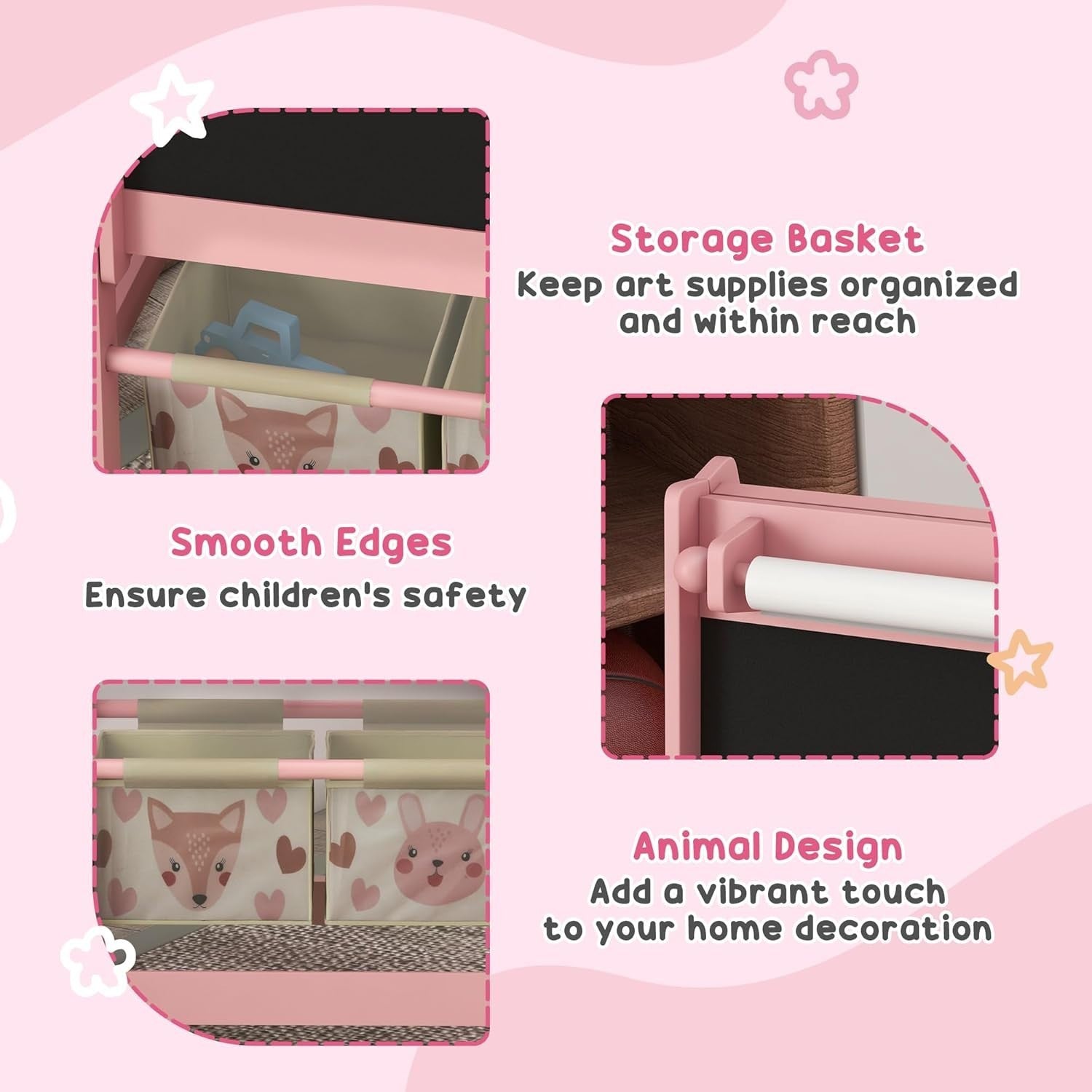 Kids Table & Chairs Set with Easel, Chalkboard & Paper Roll, Pink
