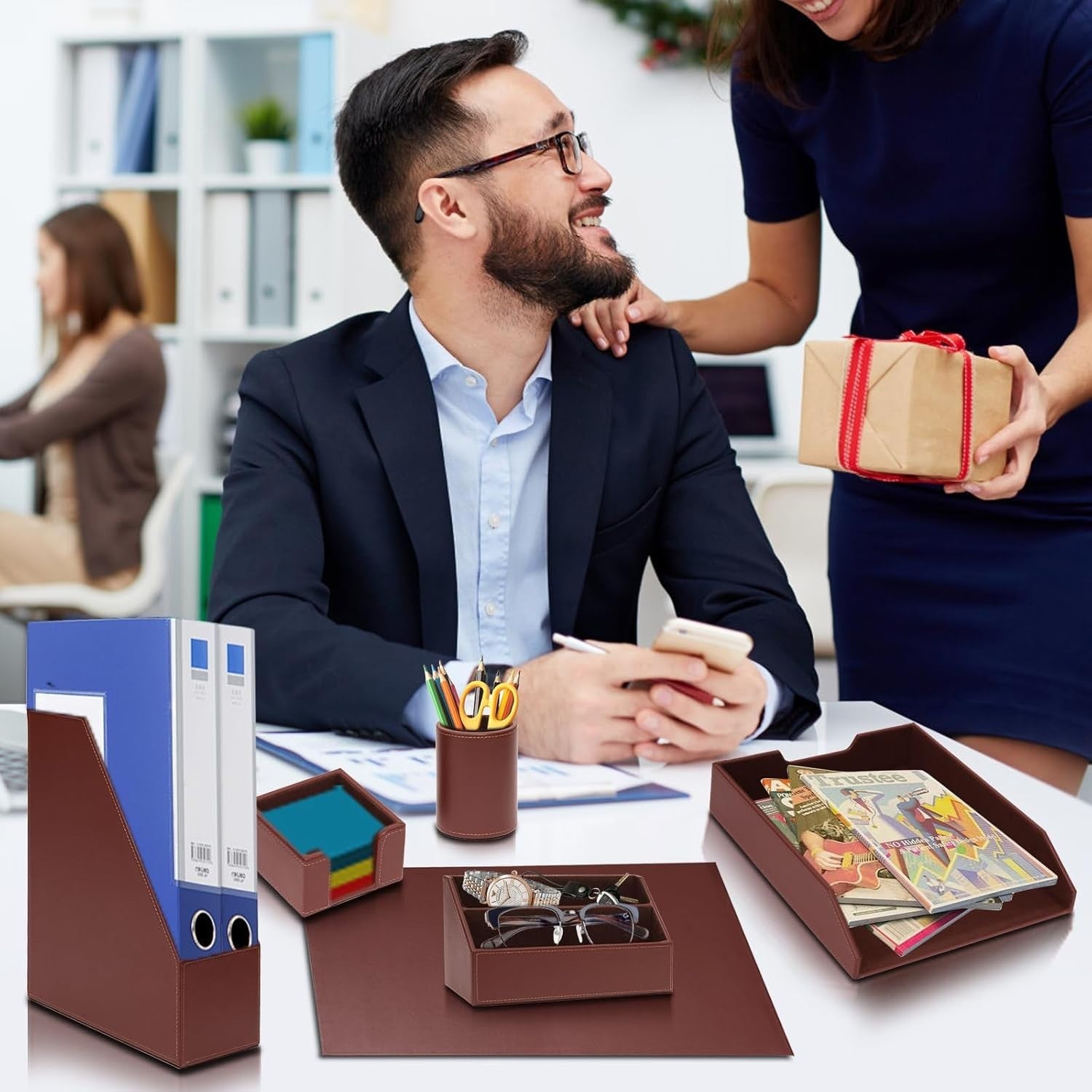 Luxury PU Leather 6-Piece Desk Organizer Set with Writing Pad & Pen Holder