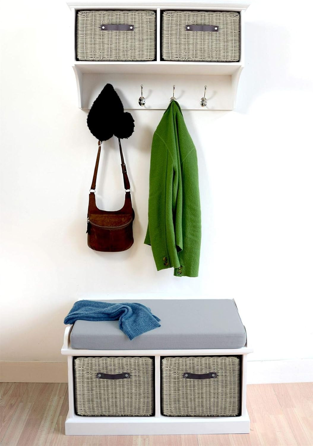 White Wall Mounted Coat Rack with Grey Baskets Hallway Storage Shelf Hooks