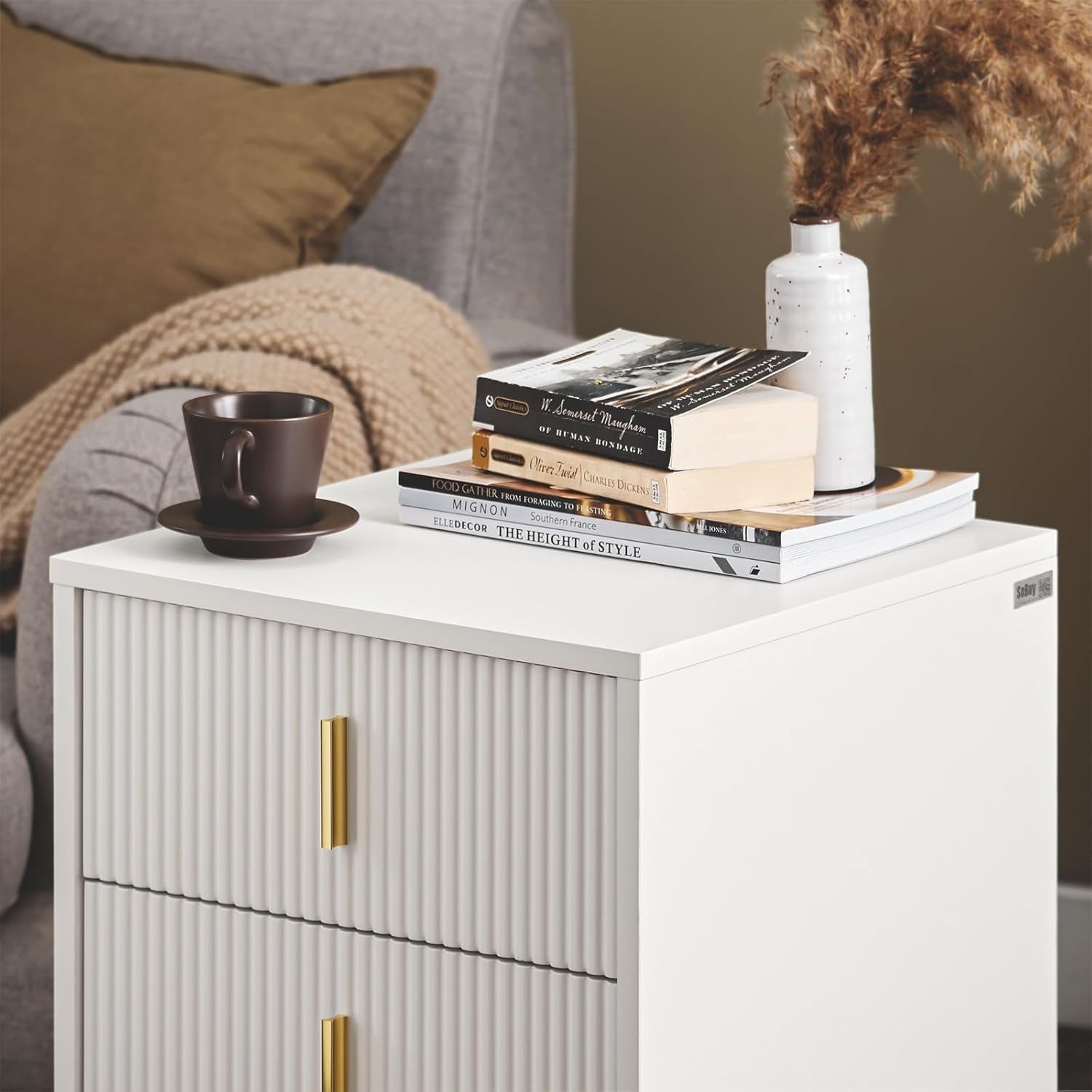 Modern White Bedside Table with 3 Drawers – Gold Legs Bedroom Cabinet
