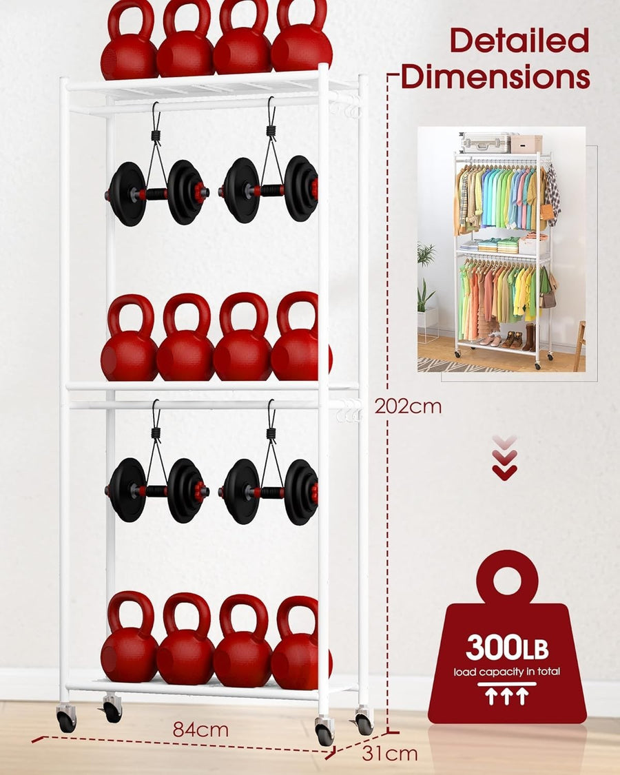 Heavy Duty Clothes Rail with Shelves & Wheels – White 202cm