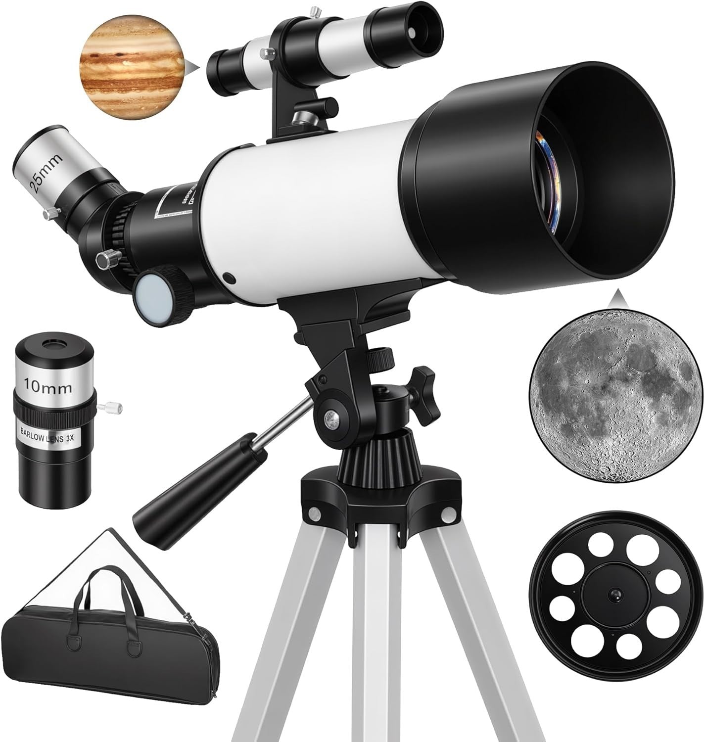 70mm Aperture Portable Refractor Telescope for Adults & Beginners - White
