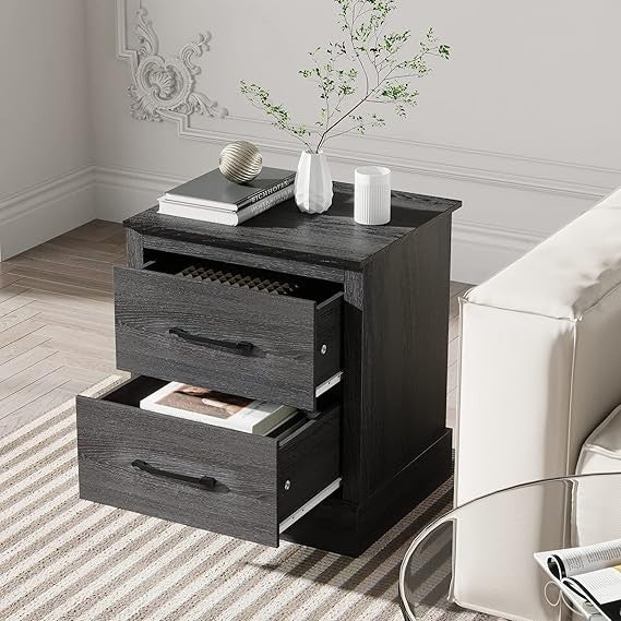 Compact Dark Grey Oak Bedside Tables 2-Pack with 2 Drawers | Modern Nightstands