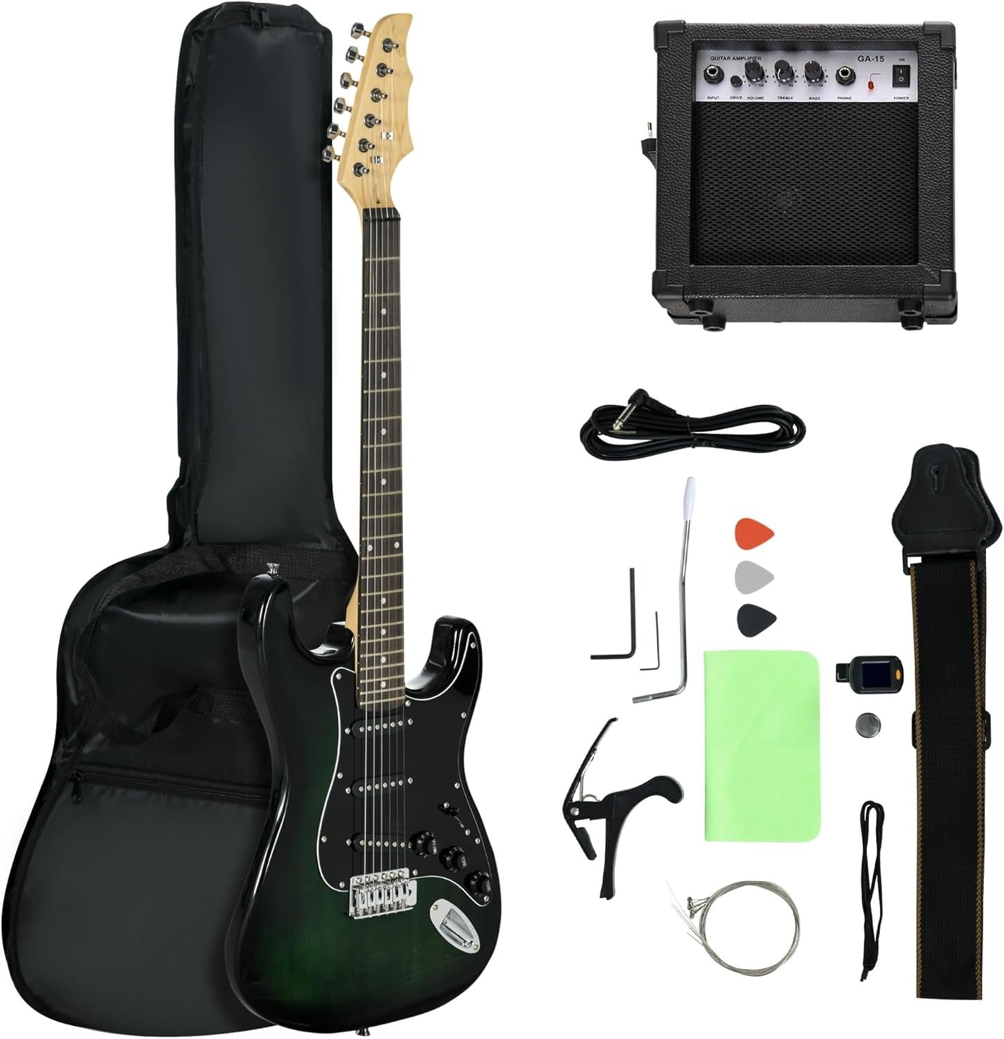 Electric Guitar Starter Kit 20W Amp Bag Tuner 6 String Green
