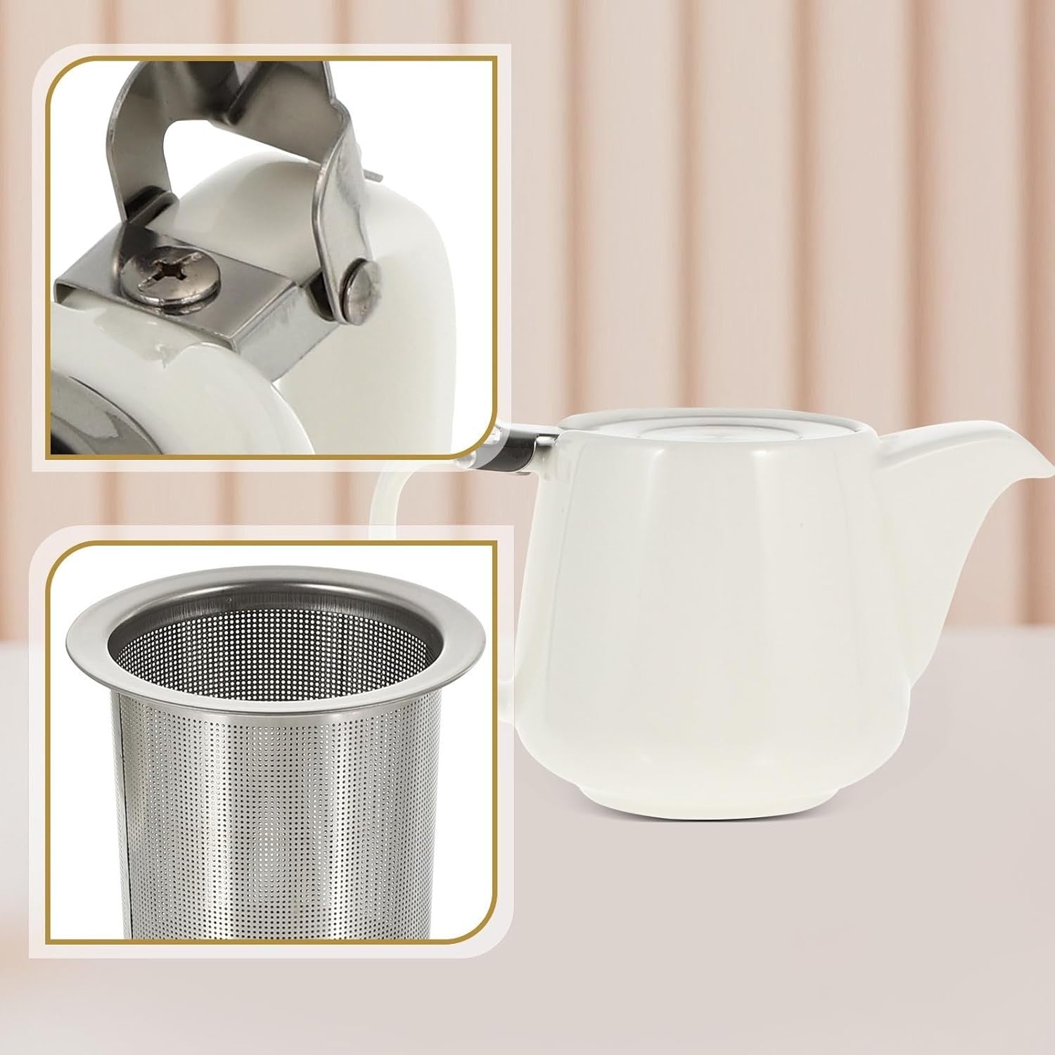 Ceramic Teapot with Stainless Steel Strainer Heat Resistant Tea Pot