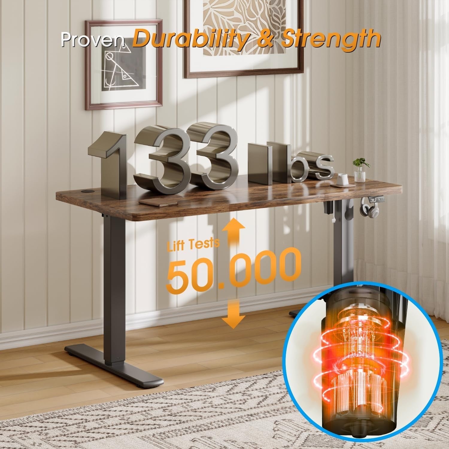 Electric Height Adjustable Standing Desk 180x80cm Ergonomic Vintage Brown Table