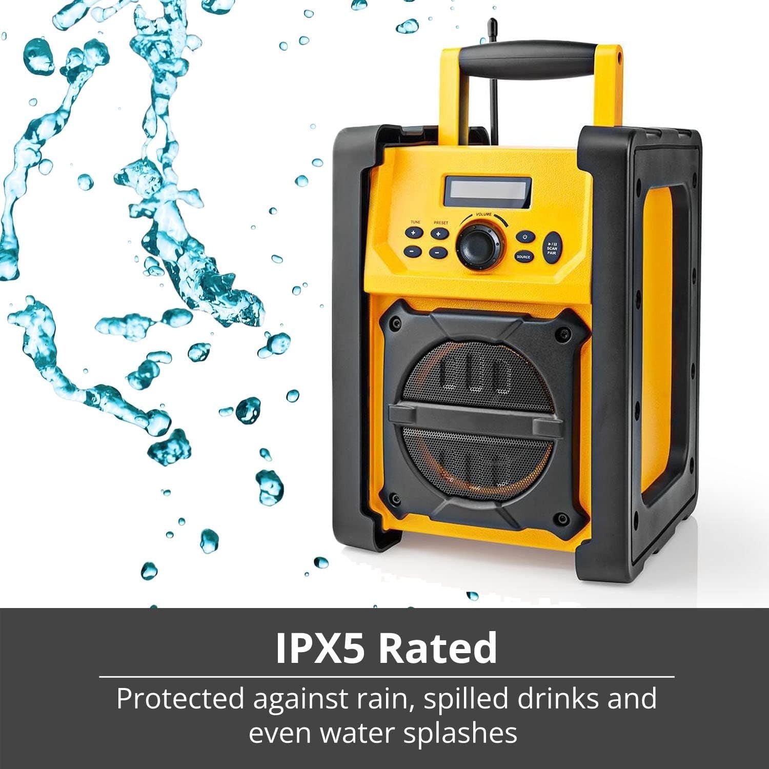 Heavy Duty Jobsite FM Radio Bluetooth AUX IPX5 Water Resistant