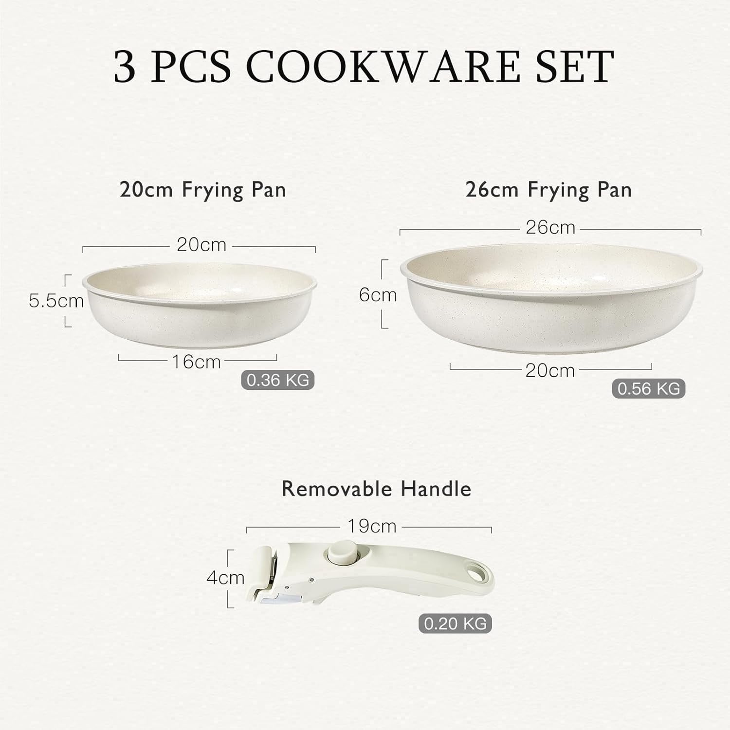 3pcs White Non Stick Cookware Set with Detachable Handle Frying Pan