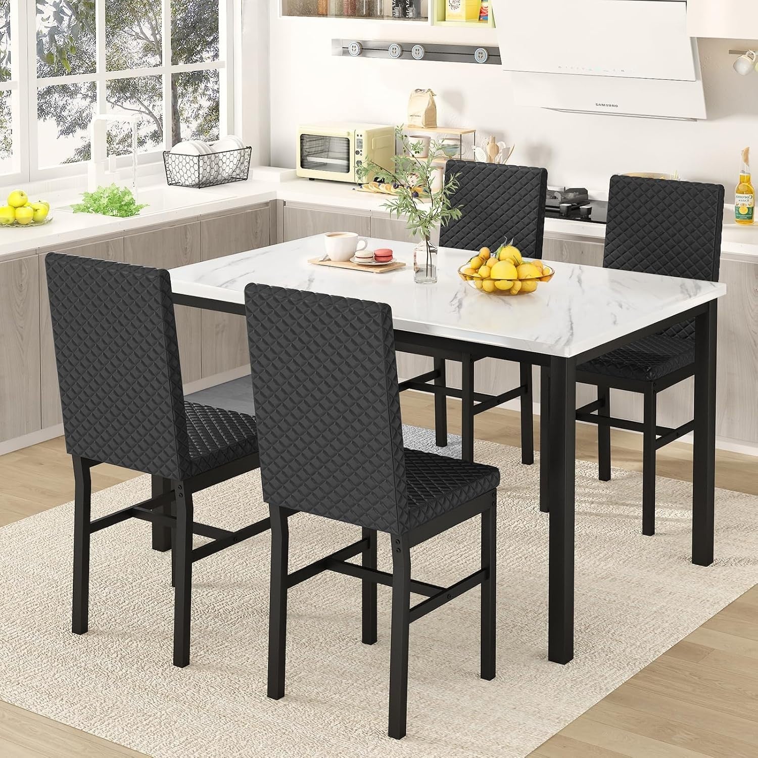 White Faux Marble Dining Table & 4 Black PU Leather Chairs Set for Small Rooms