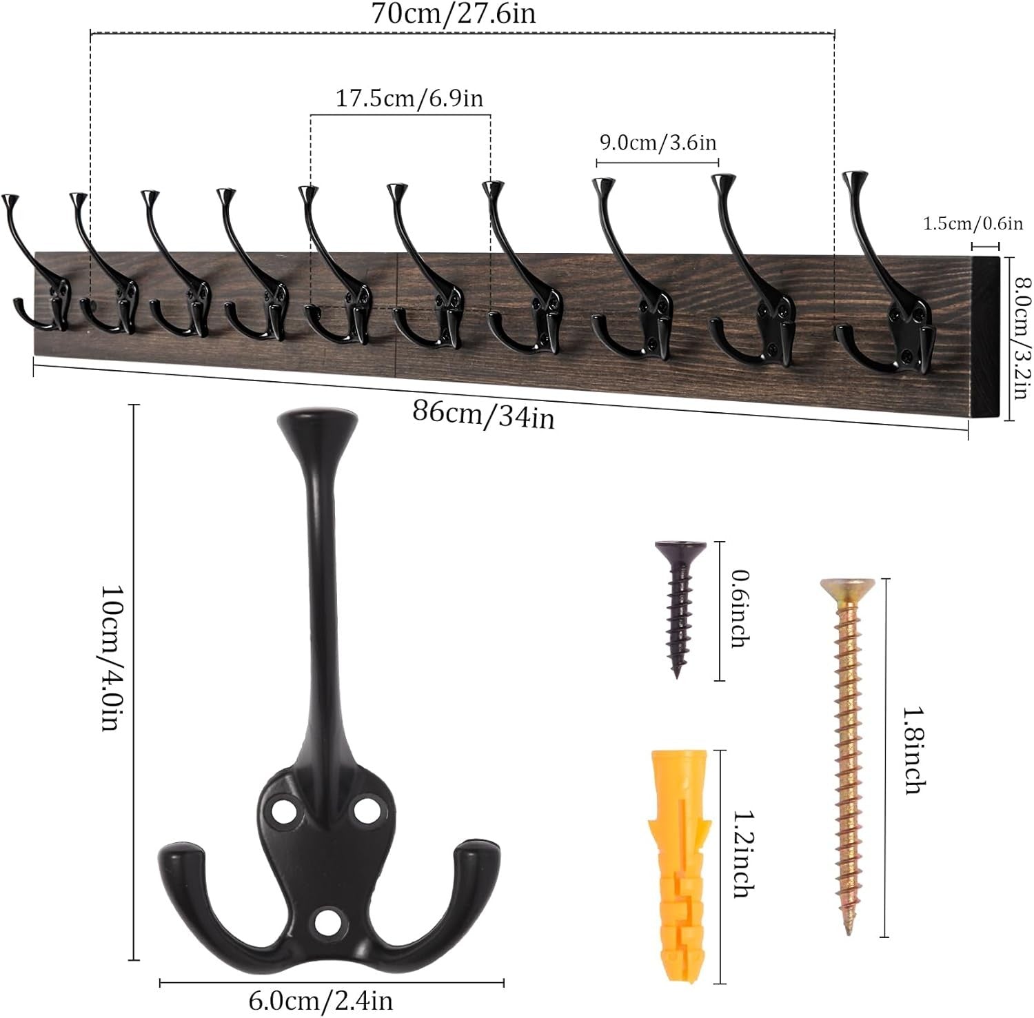 Rustic Wall Mounted Coat Rack 10 Hooks 34” Wood Hanging Rail Organizer