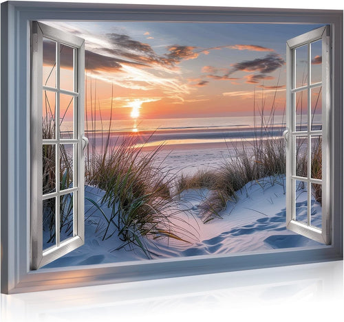Beach Window Canvas Wall Art Sunset Seascape Print Living Room Decor