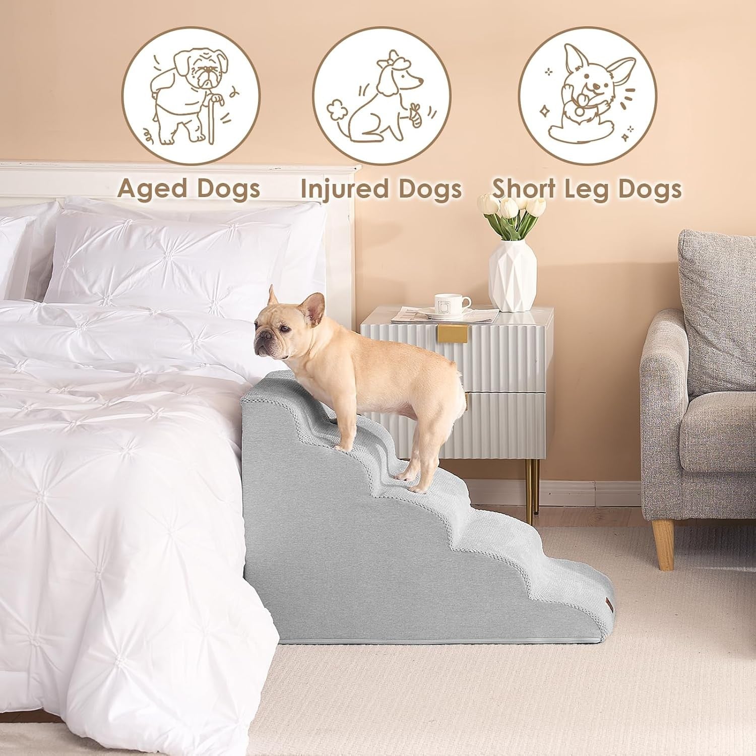 5 Step Dog Stairs for High Bed Non Slip Foam Pet Steps Washable