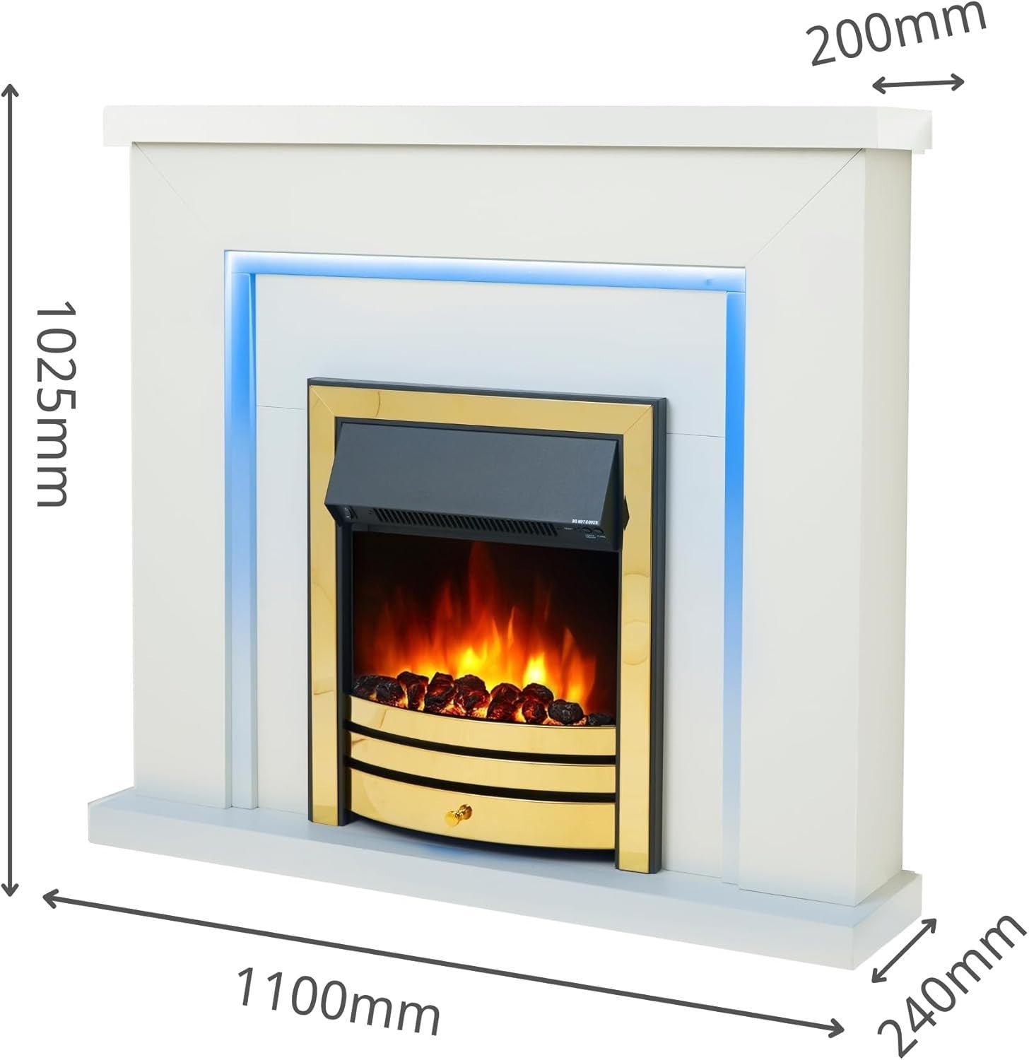 Electric Fireplace 42" LED Suite White Brass Fire Remote Heat Mood Light