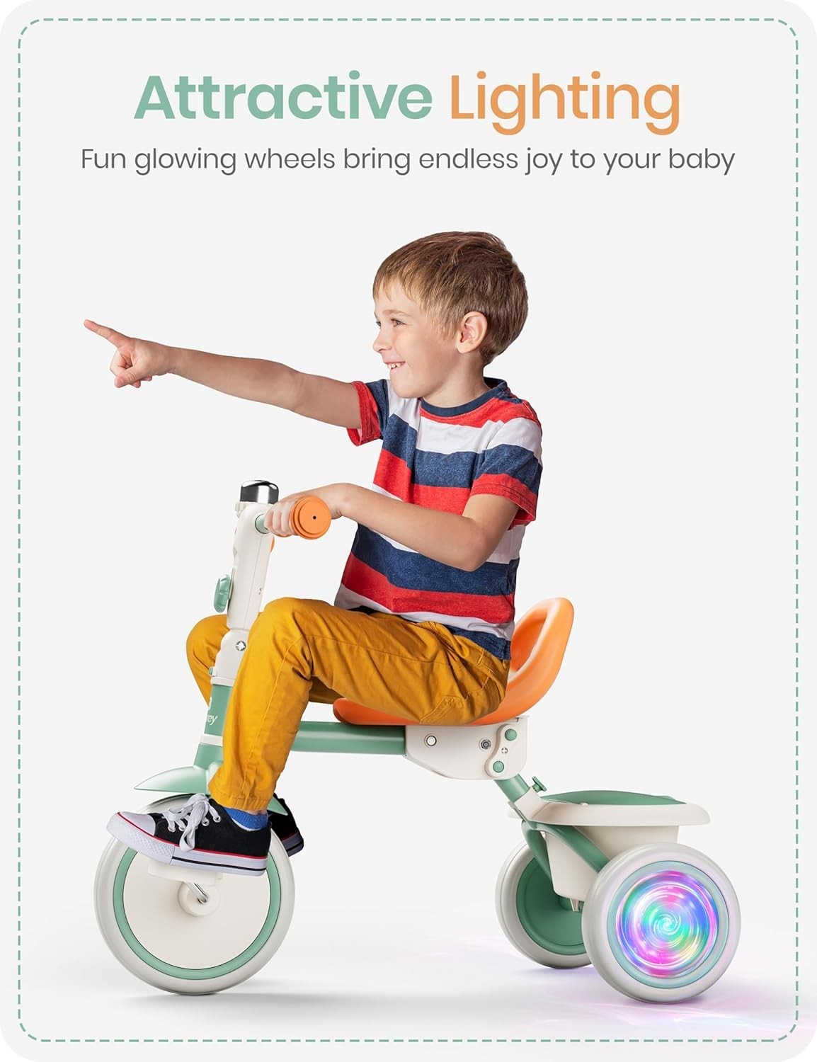Kids Tricycle Flash LED Wheels Foldable Toddler Trike Green Age 18M-5Y