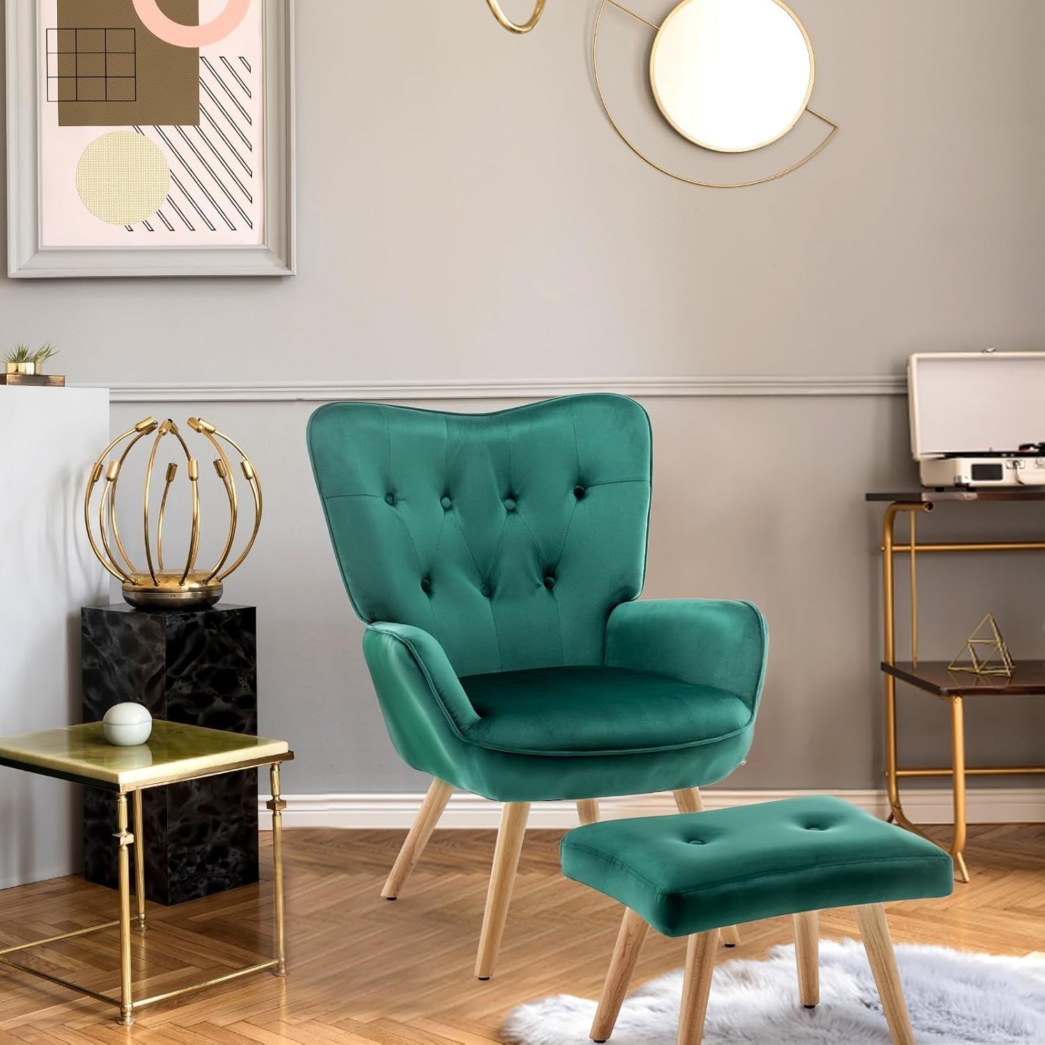 Green Velvet Armchair with Footstool, Comfy Reading Lounge Chair Set