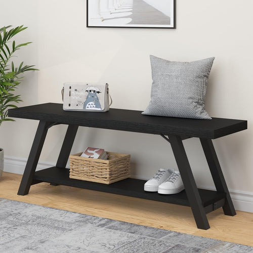 Black Oak Storage Bench Metal Frame Modern Entryway Shoe Rack Seat 119x36x46cm