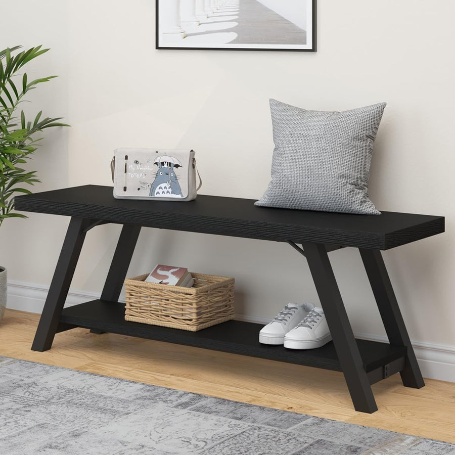 Black Oak Storage Bench Metal Frame Modern Entryway Shoe Rack Seat 119x36x46cm