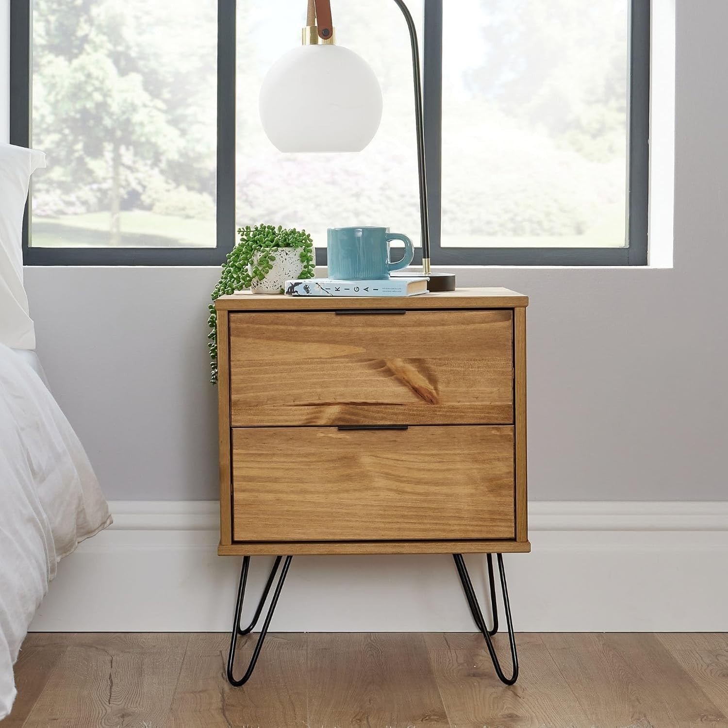 2 Drawer Pine Wood Bedside Table Nightstand Cabinet | Hairpin Legs