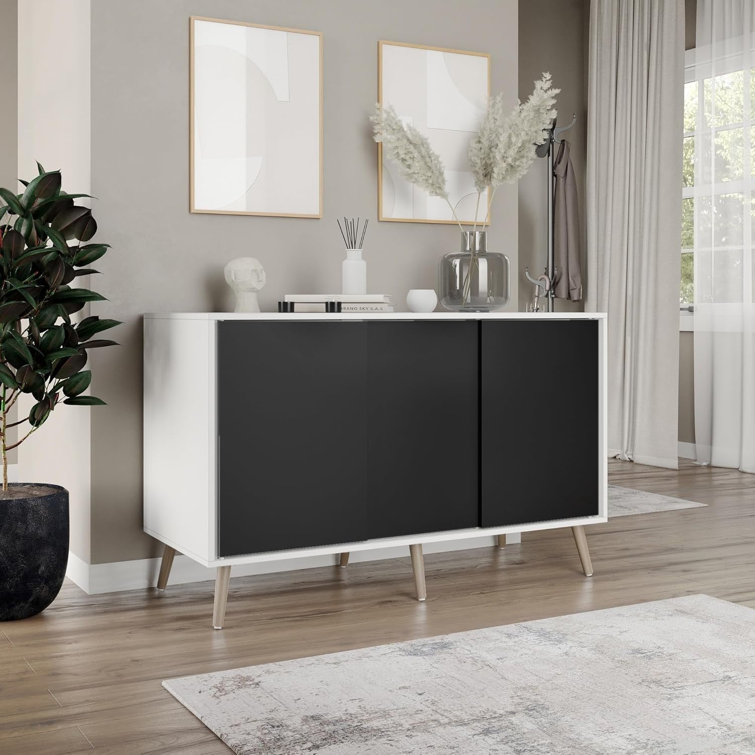 Modern White Sideboard Sliding Doors Storage Unit Black Front Beech Legs