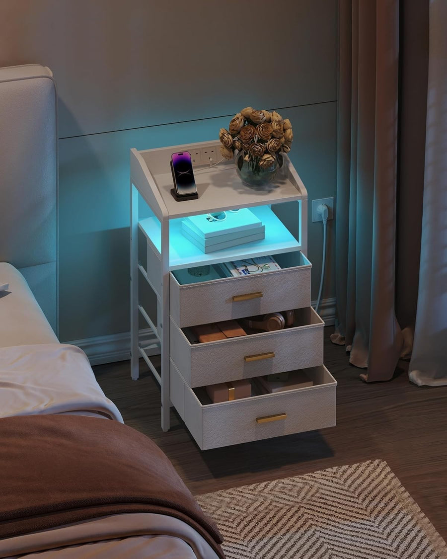 White LED Bedside Table with USB Ports & 3 Drawers
