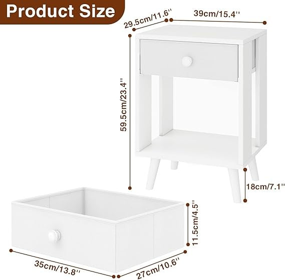 White Bedside Tables Set of 2, Modern Nightstands with Drawer & Shelf, Solid