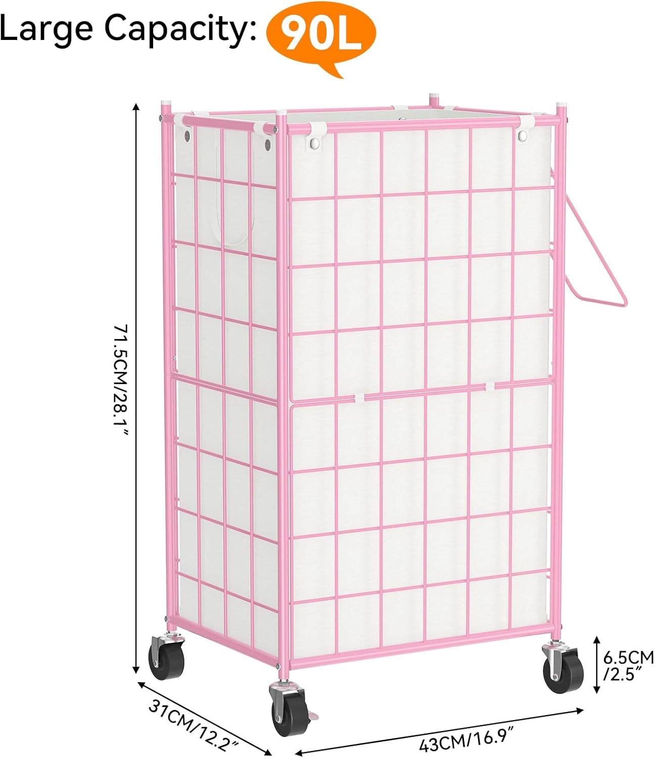 100L Pink Rolling Laundry Hamper Metal Frame with Wheels & Removable Bag