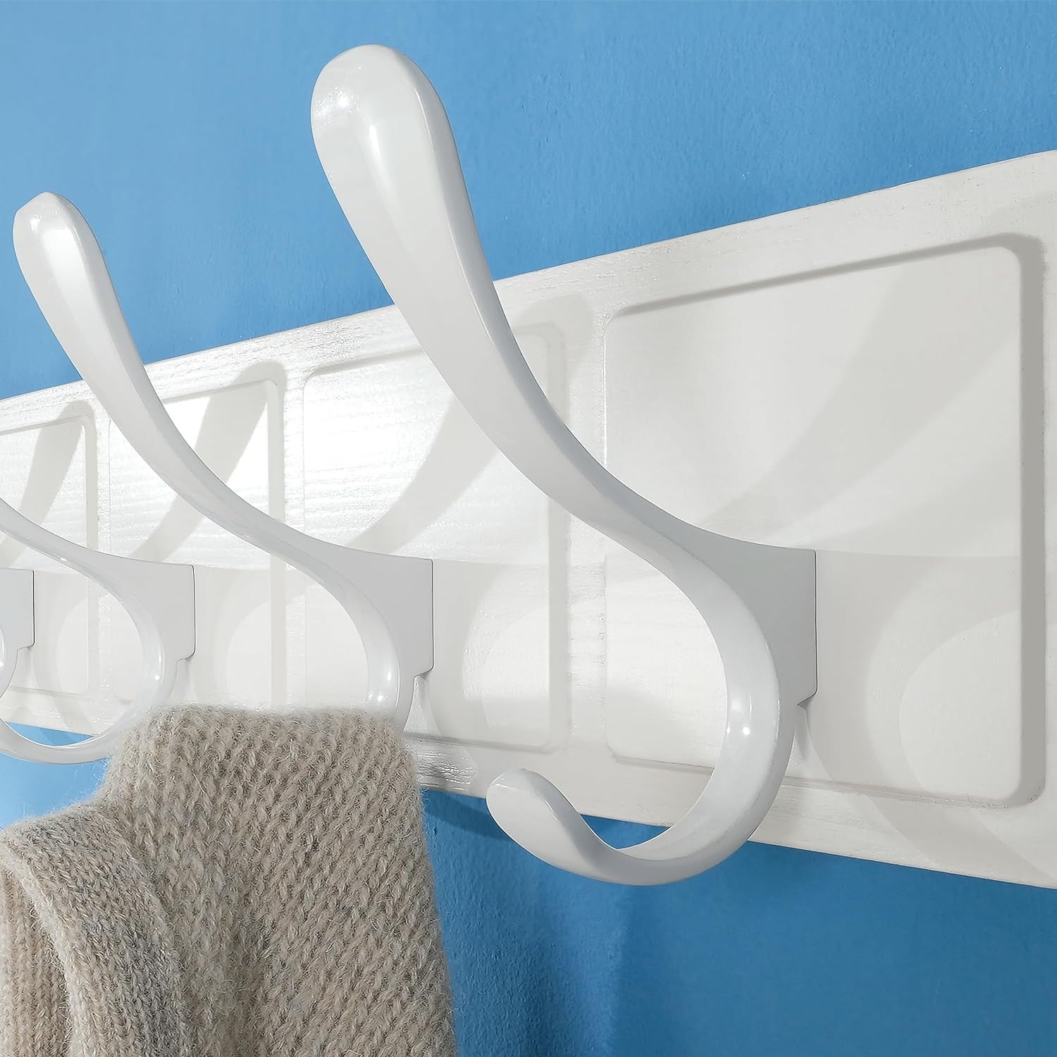 Scandi Wall Coat Rack 10 Hooks | White Wooden Hanger for Coats Hats Scarves