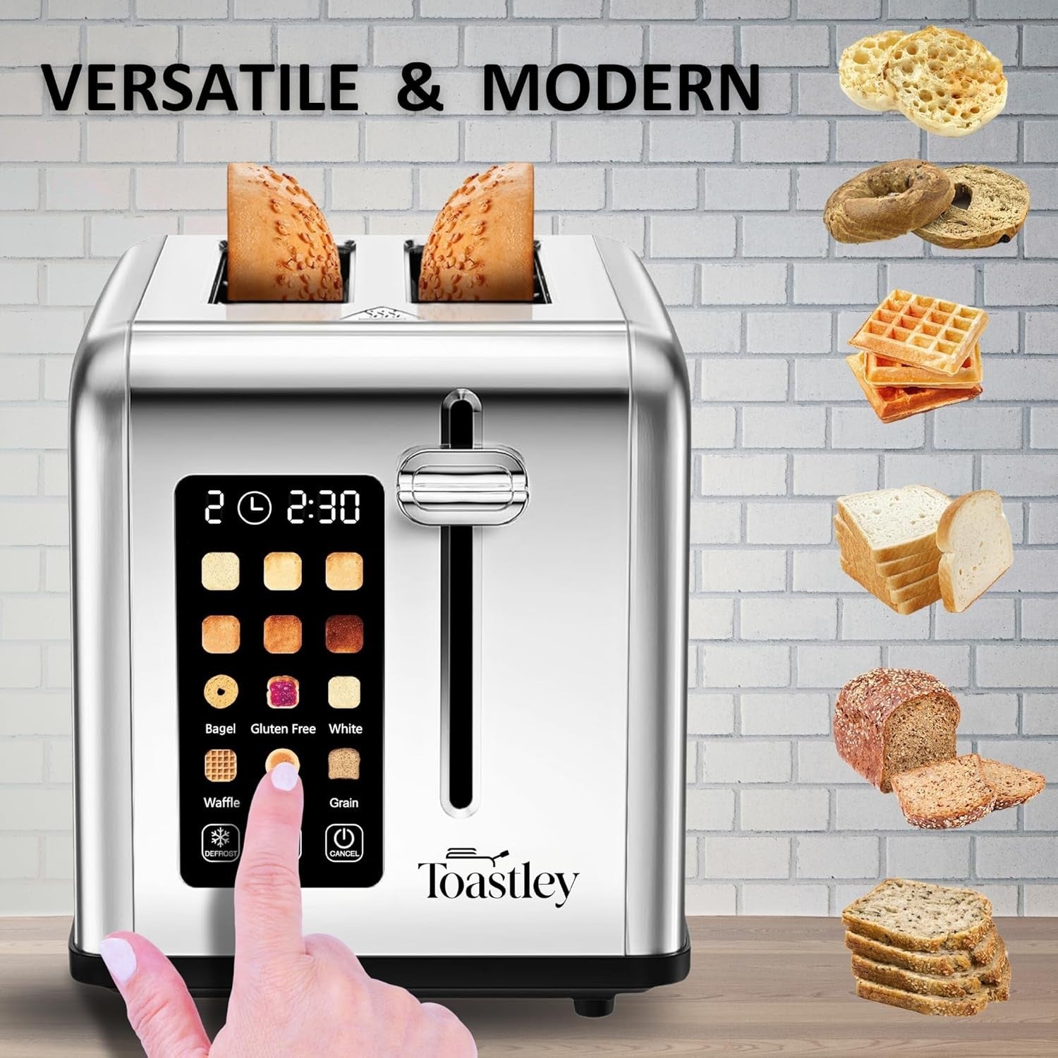 Smart Touchscreen Toaster 2 Slice Wide Slot Timer Reheat Defrost Auto-Off