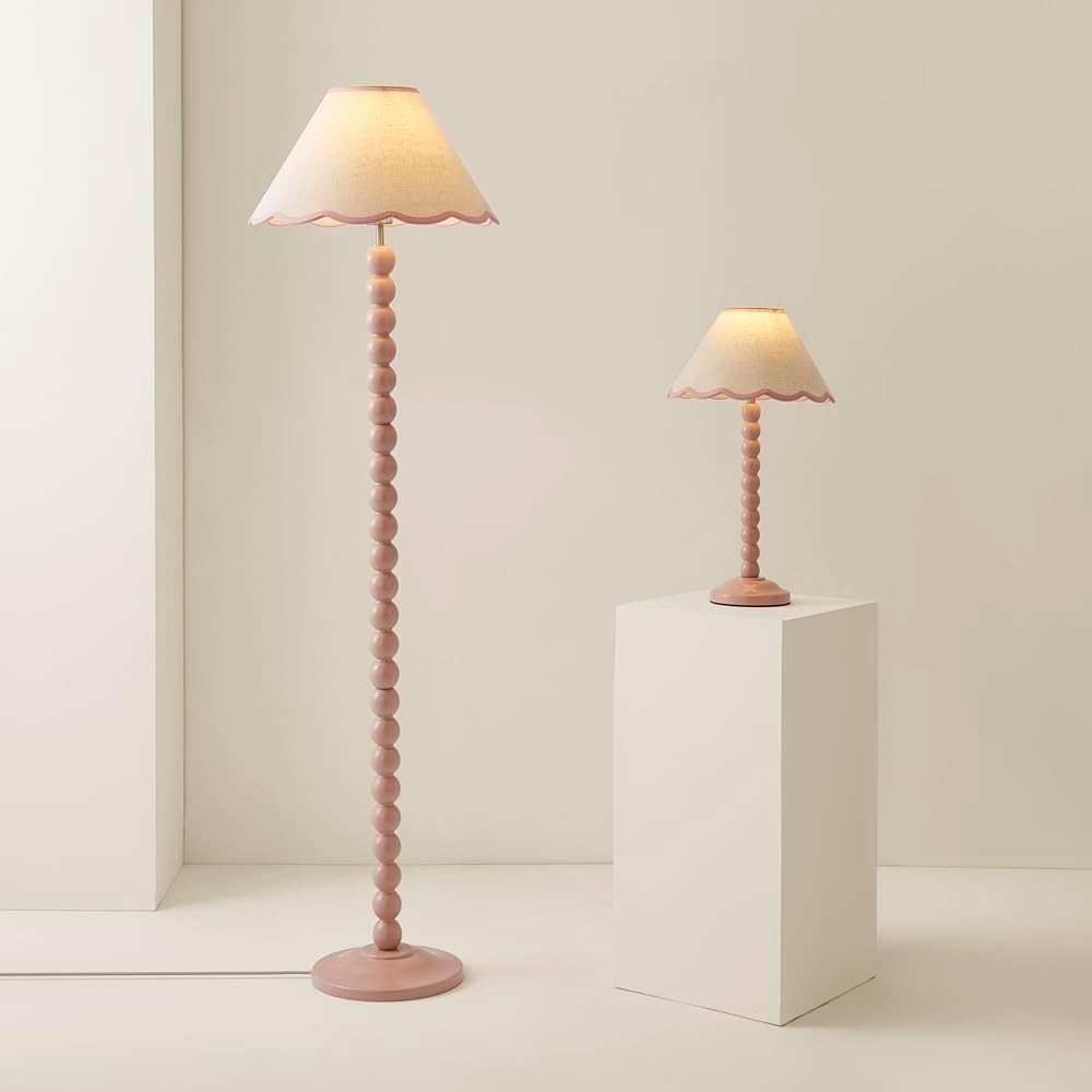 Rose Pink Bobbin Table Lamp Scallop Shade Pastel Bedside 45cm