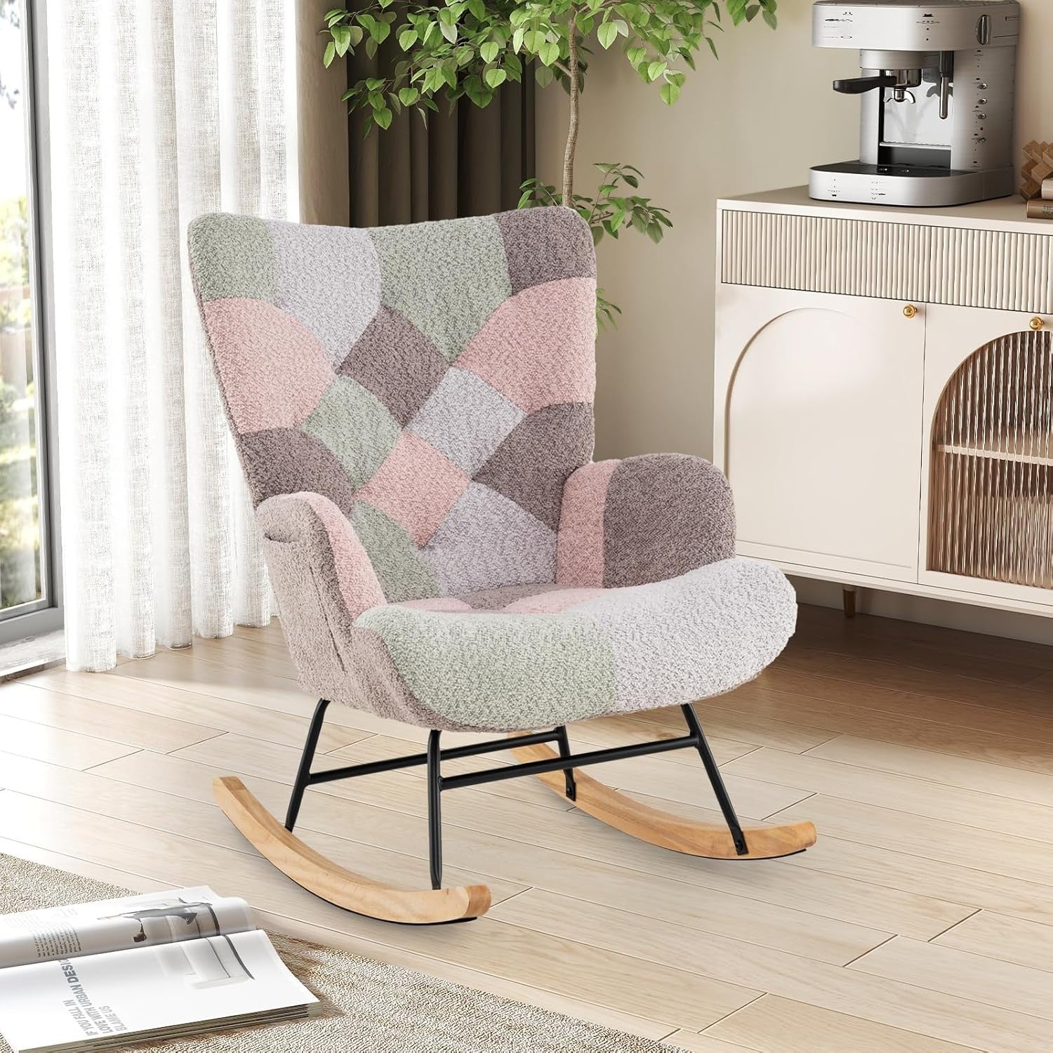 Tufted Rocking Armchair Boucle Fabric Wingback Chair for Nursery, Lounge