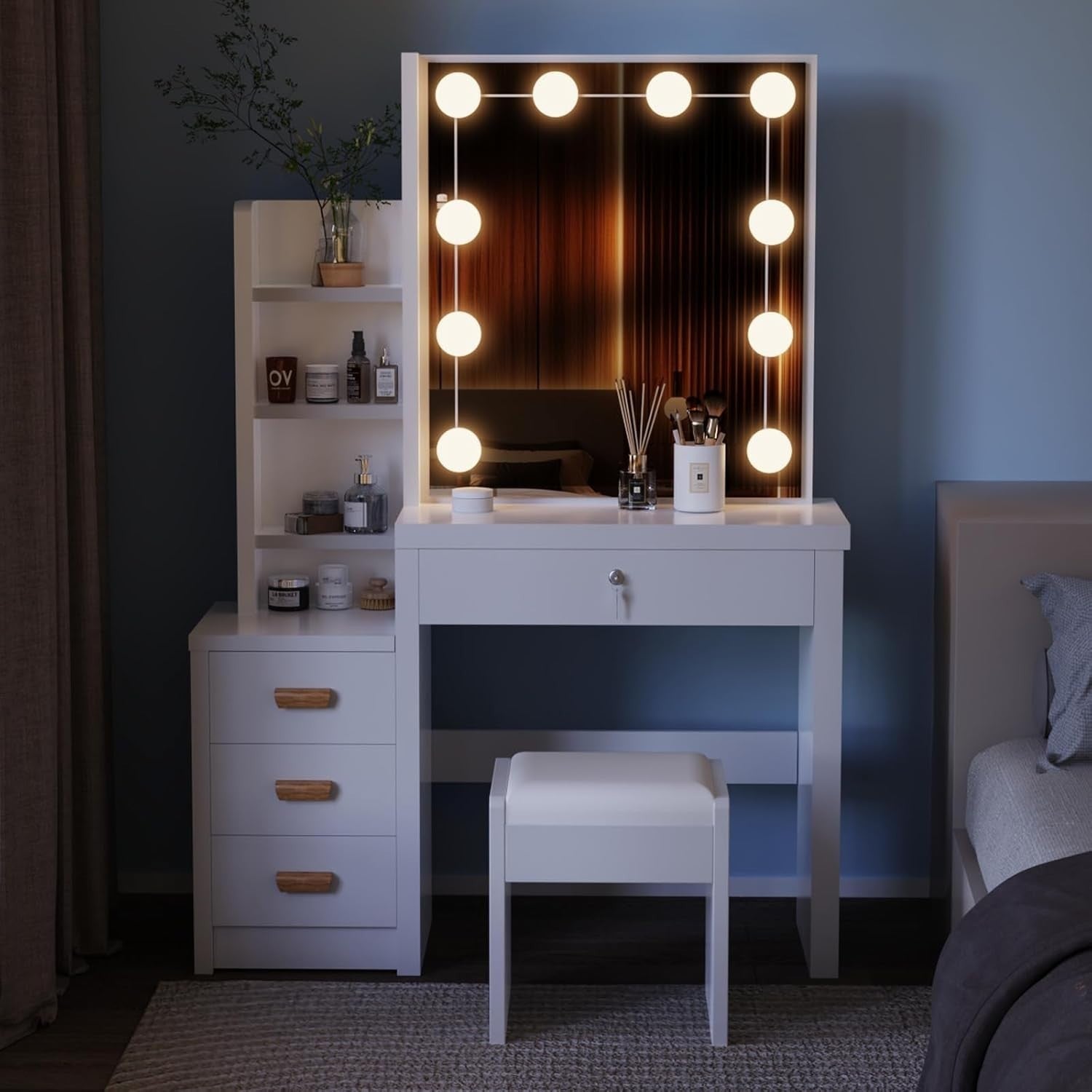Vanity Set Makeup Desk White LED Mirror Sliding Storage Stool 4 Drawers Bedroom